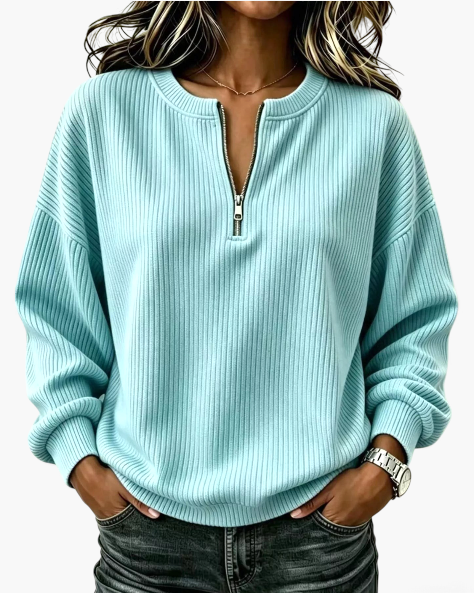 Beach Rose Co. light blue ribbed quarter-zip pullover with dropped shoulders and a relaxed fit worn with dark jeans.