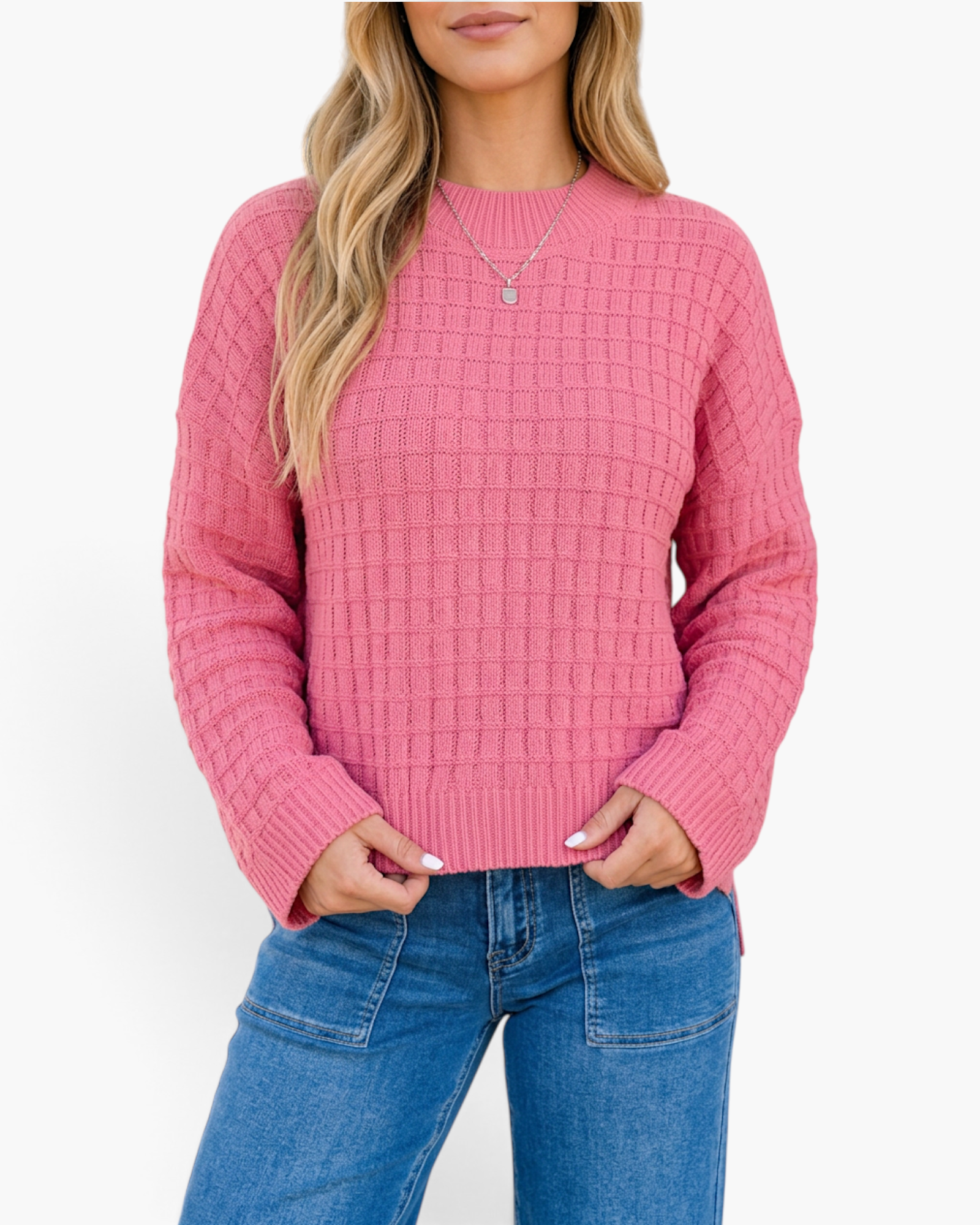 Beach Rose Co. rose pink long-sleeve sweater with a textured grid-knit pattern, round neckline, and ribbed trim.
