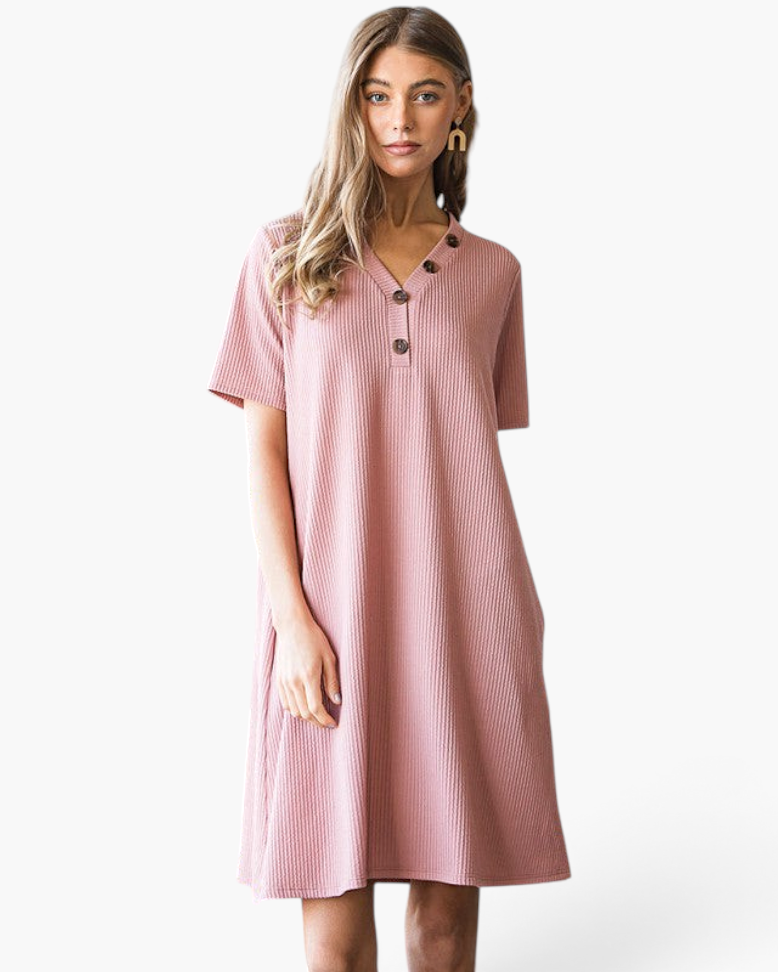 Beach Rose Co. rose pink ribbed t-shirt dress with a V-neck button detail, short sleeves, and a relaxed A-line fit.