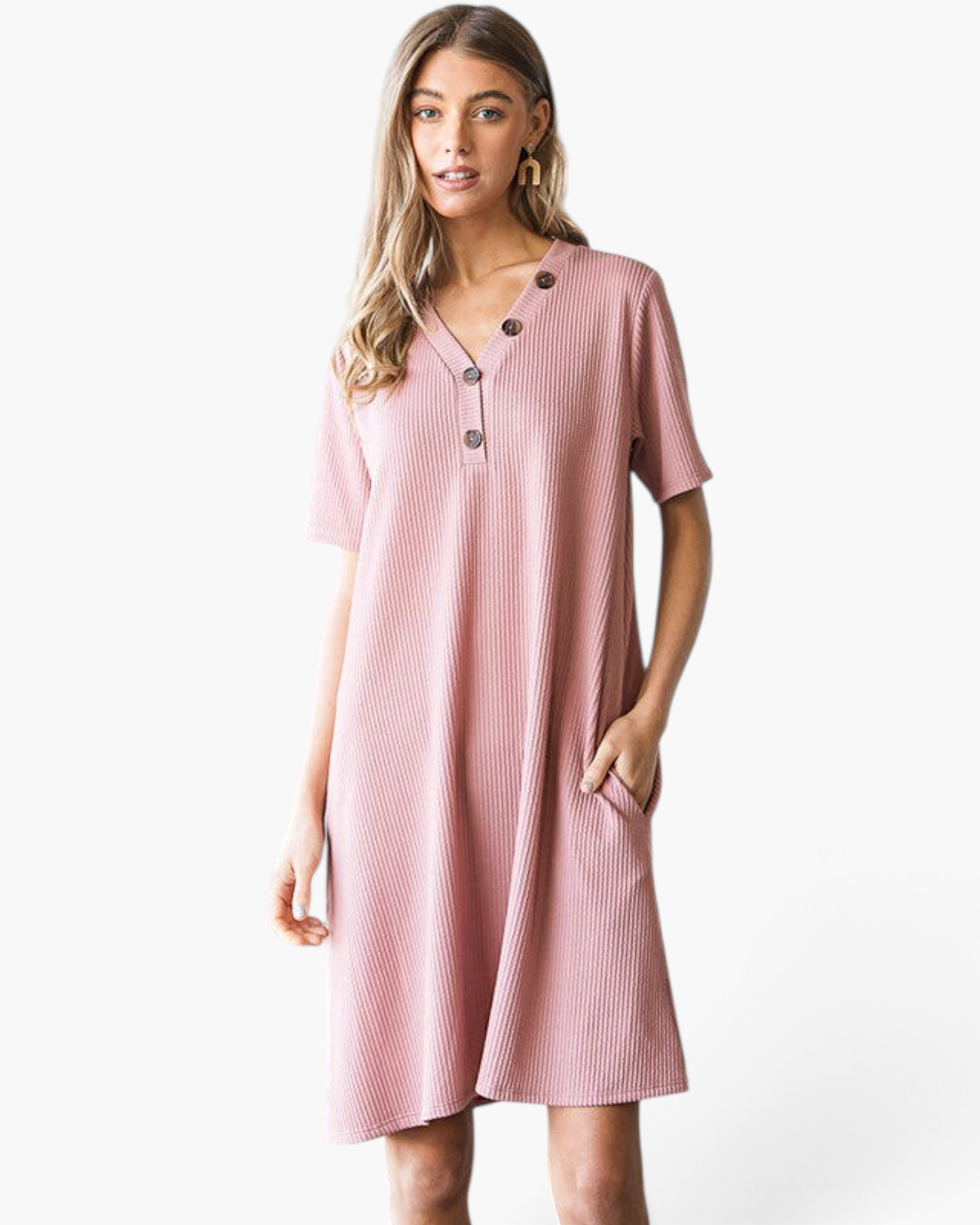 Beach Rose Co. rose pink ribbed t-shirt dress with a V-neck, button details, short sleeves, and side pockets.
