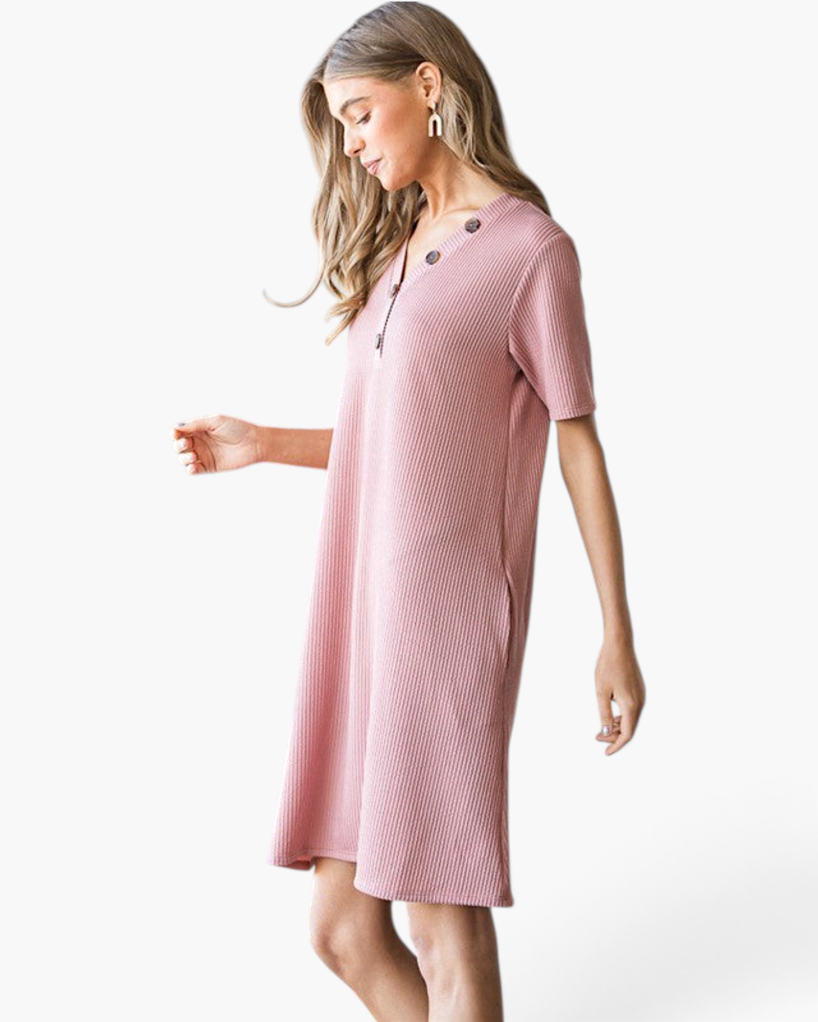 Beach Rose Co. rose pink ribbed t-shirt dress with a V-neck, button details, and side pockets on a female model.