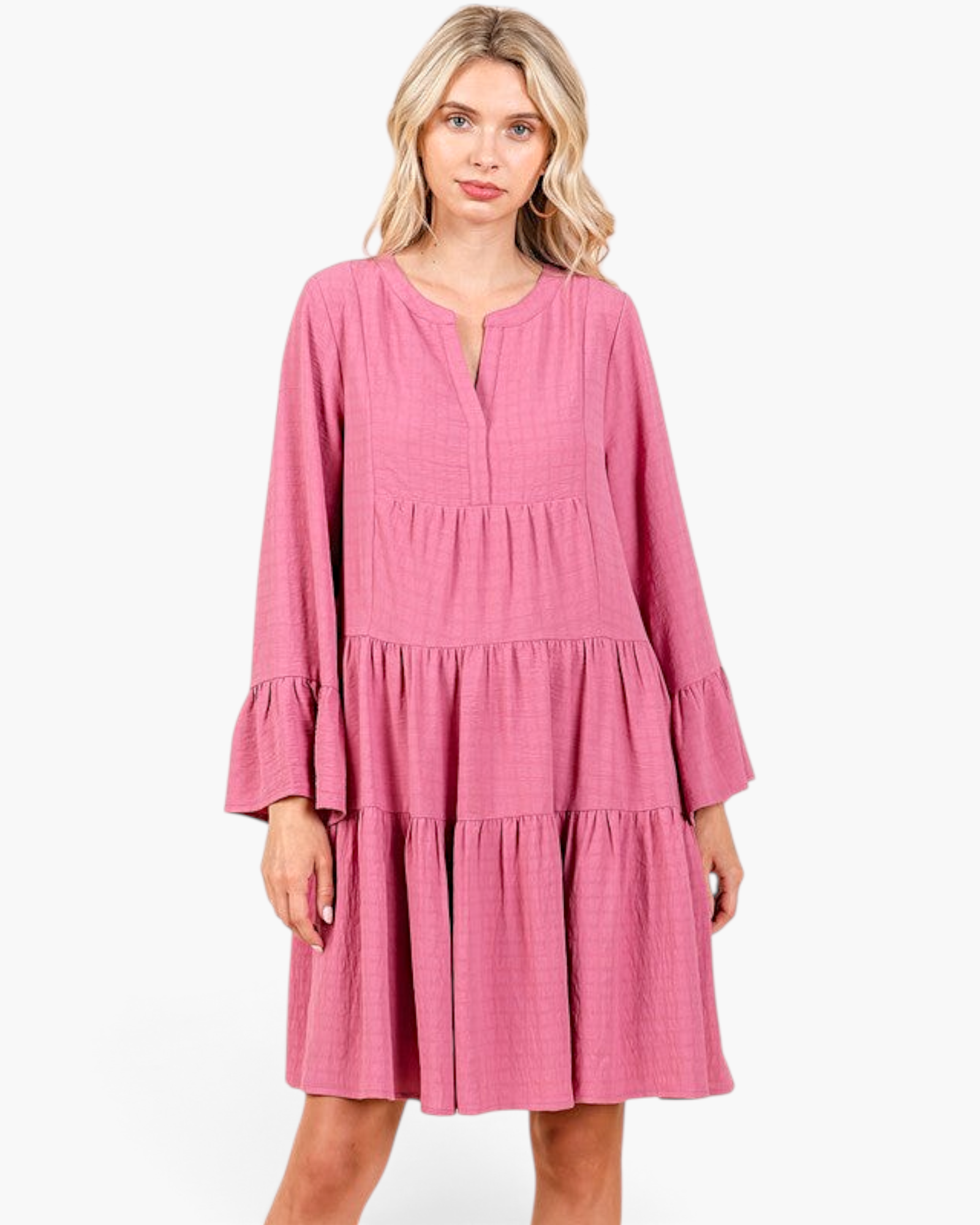 Beach Rose Co. rose tiered shift dress with split neckline and long bell sleeves on a blonde model