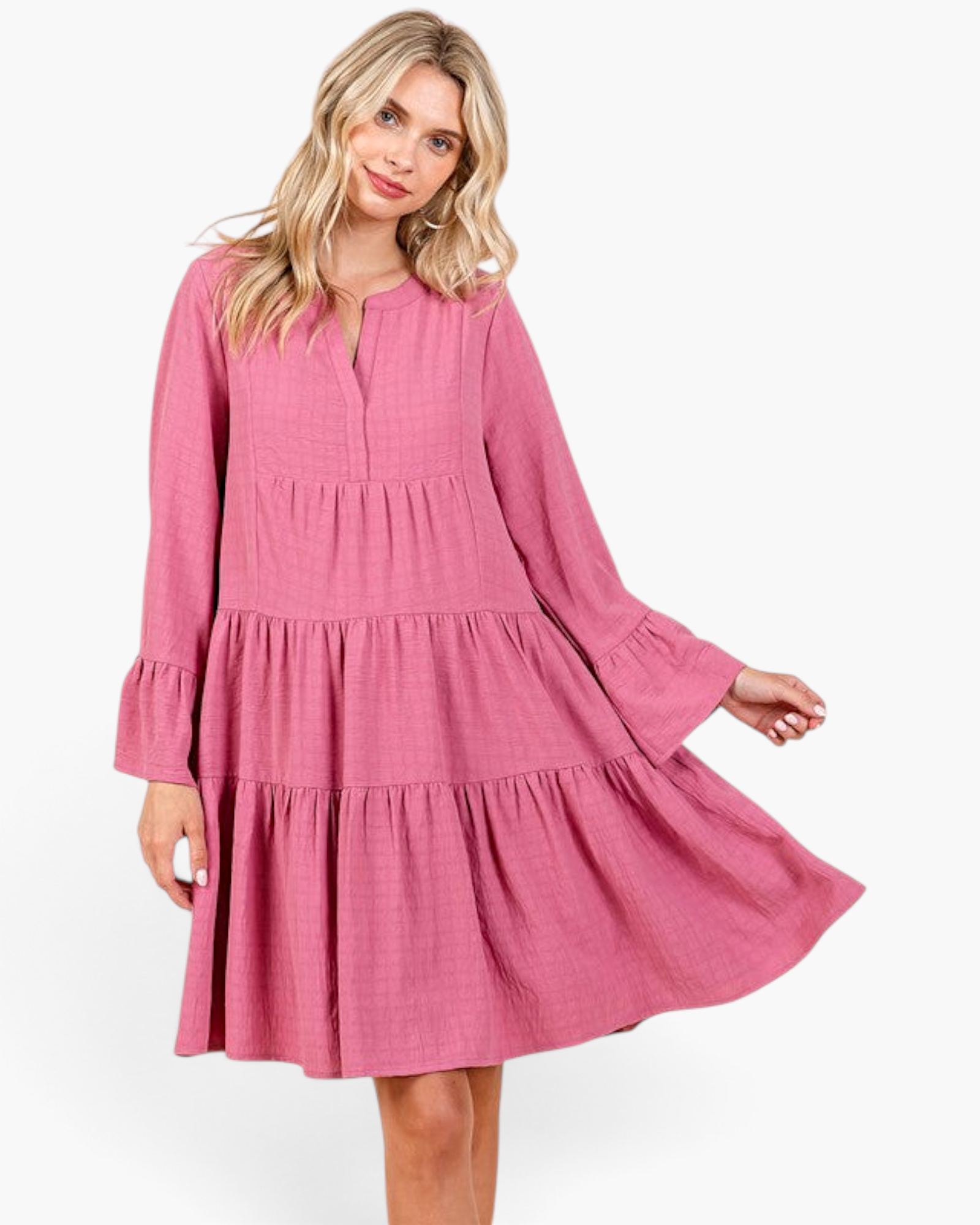 Beach Rose Co. rose tiered shift dress with split neckline and long bell sleeves worn by a blonde model