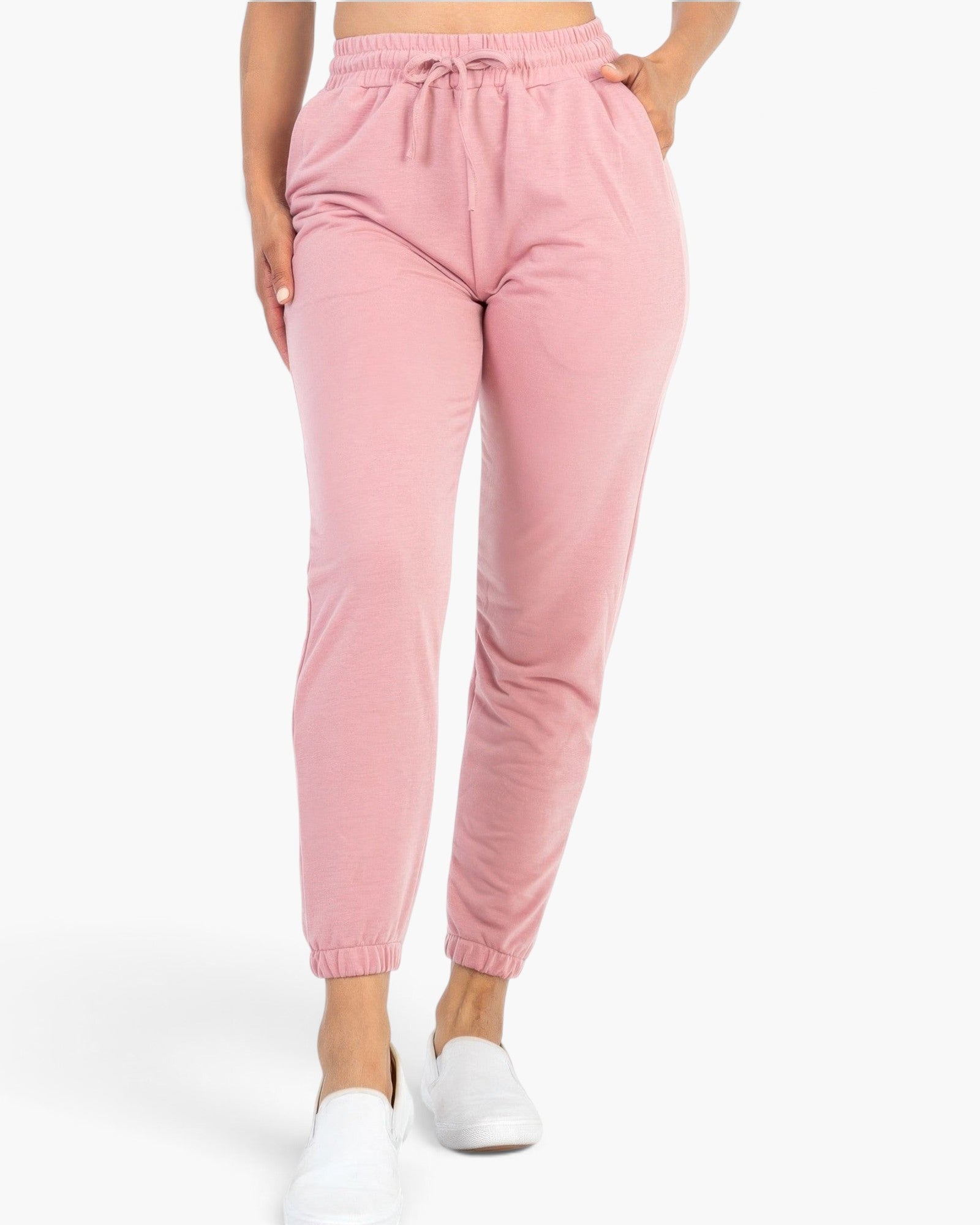 Beach Rose Co. rosewood pink French Terry jogger pants with an elastic waistband, drawstring, and tapered cuffs.