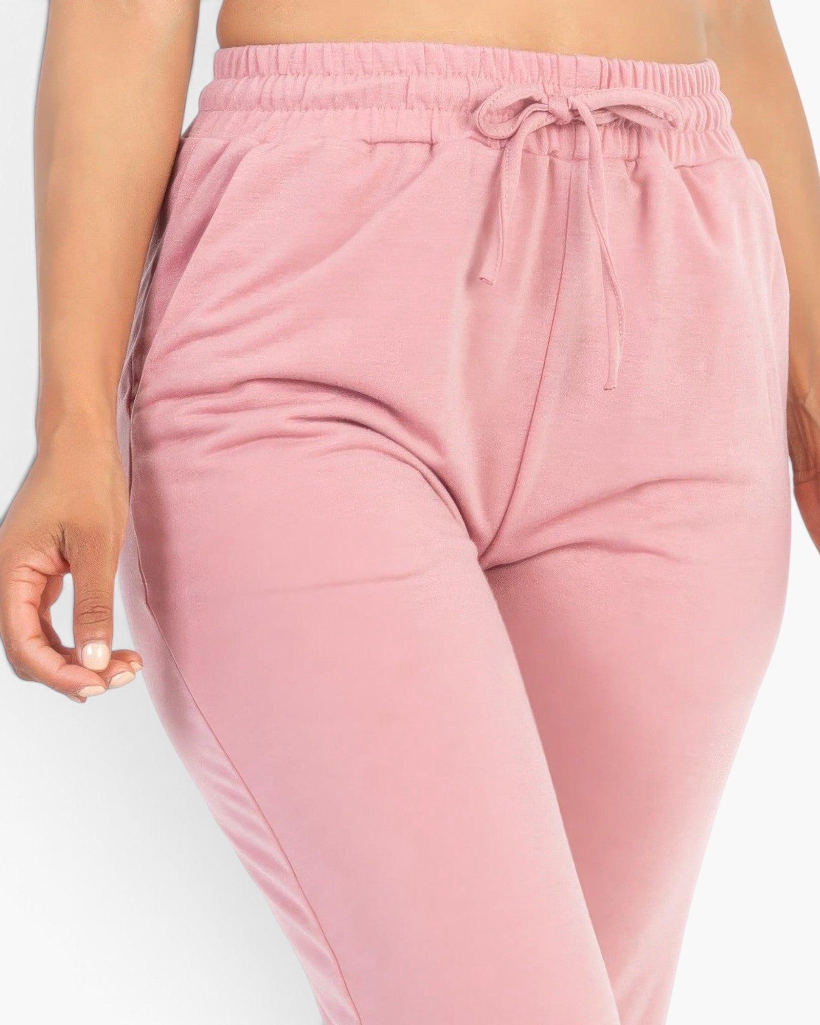 Beach Rose Co. rosewood French Terry jogger pants featuring an elastic drawstring waistband and soft stretch fabric.