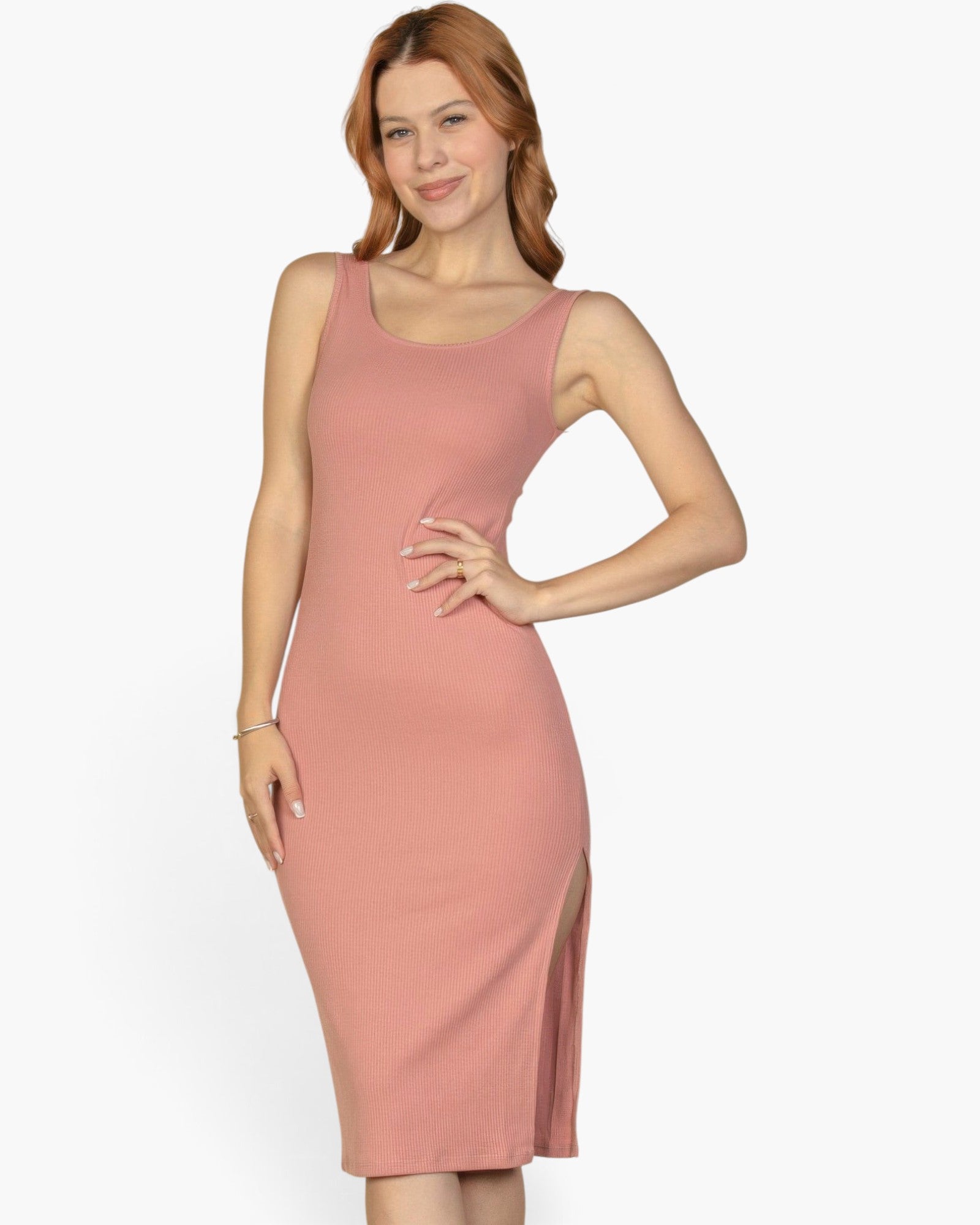 Beach Rose Co. rosewood sleeveless bodycon midi dress in soft ribbed fabric with a side slit worn by a model