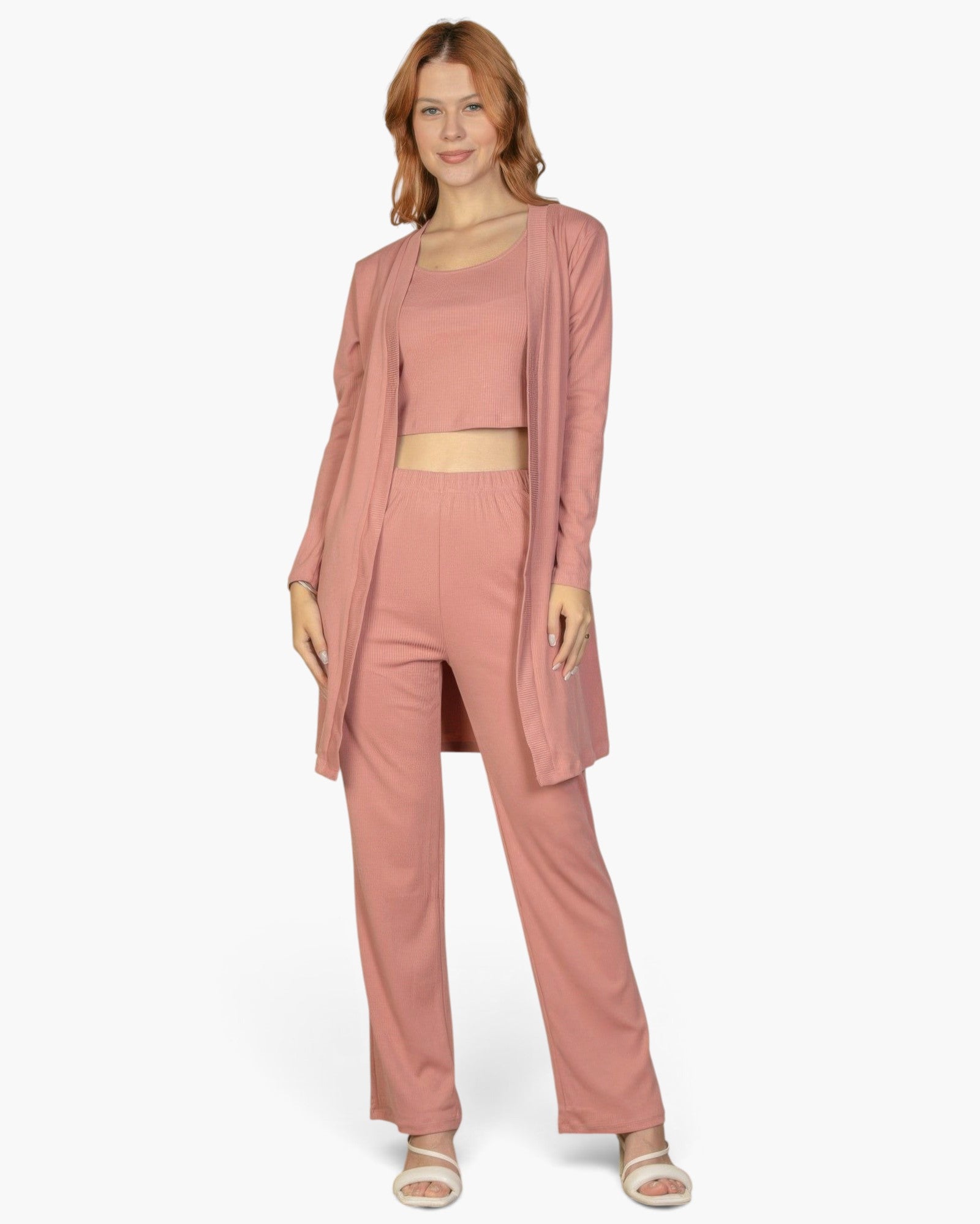 Beach Rose Co. rosewood 3-piece loungewear set with ribbed cami top, straight-leg pants, and long open cardigan