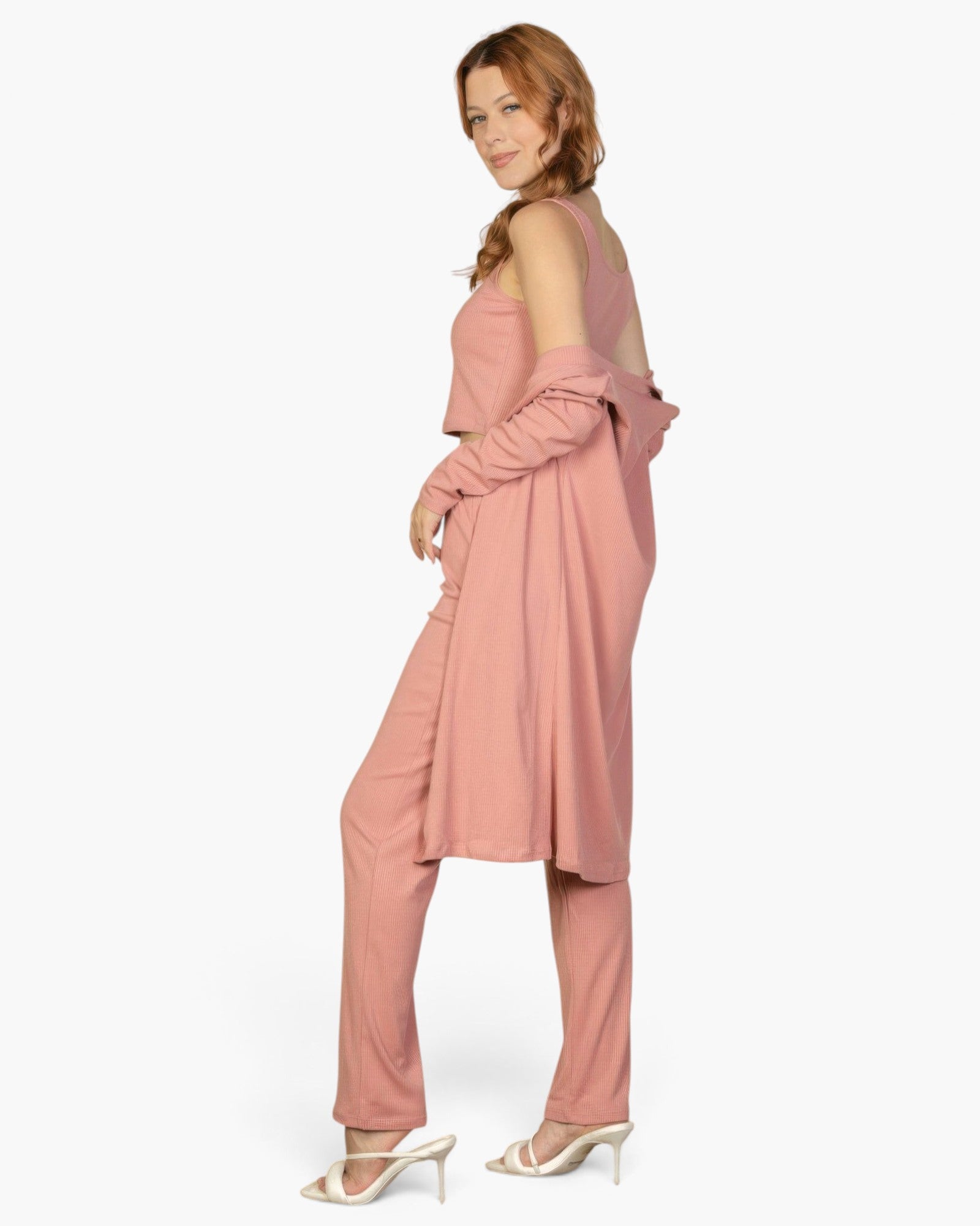 Beach Rose Co. rosewood 3-piece ribbed cami top, straight-leg pants, and long cardigan loungewear set on a model.