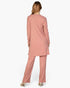 Beach Rose Co. rosewood ribbed 3-piece loungewear set with long cardigan, cami top, and straight-leg pants, back view.