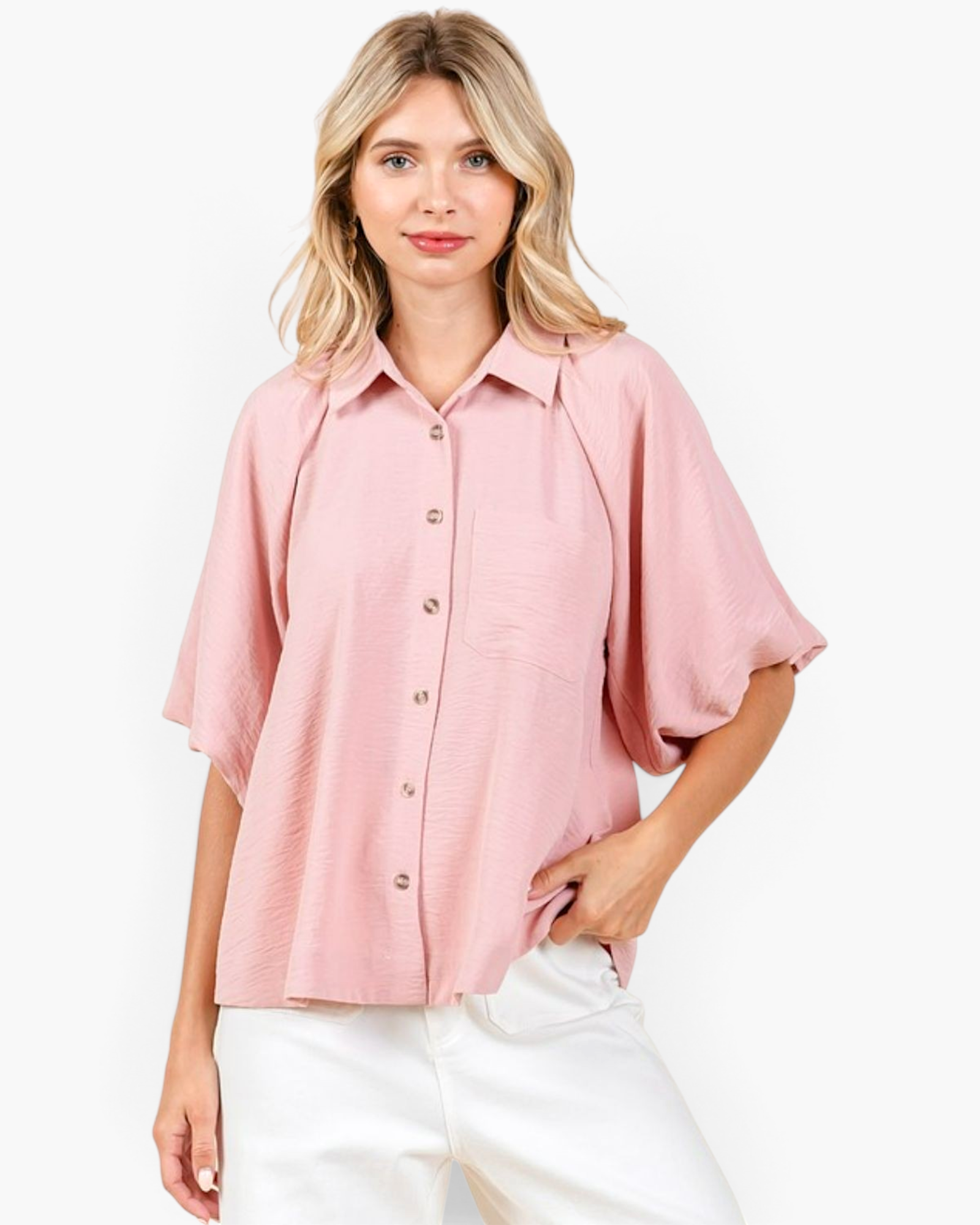 Beach Rose Co. rosewood textured button-front blouse with relaxed dolman sleeves and a collared neckline on a model.