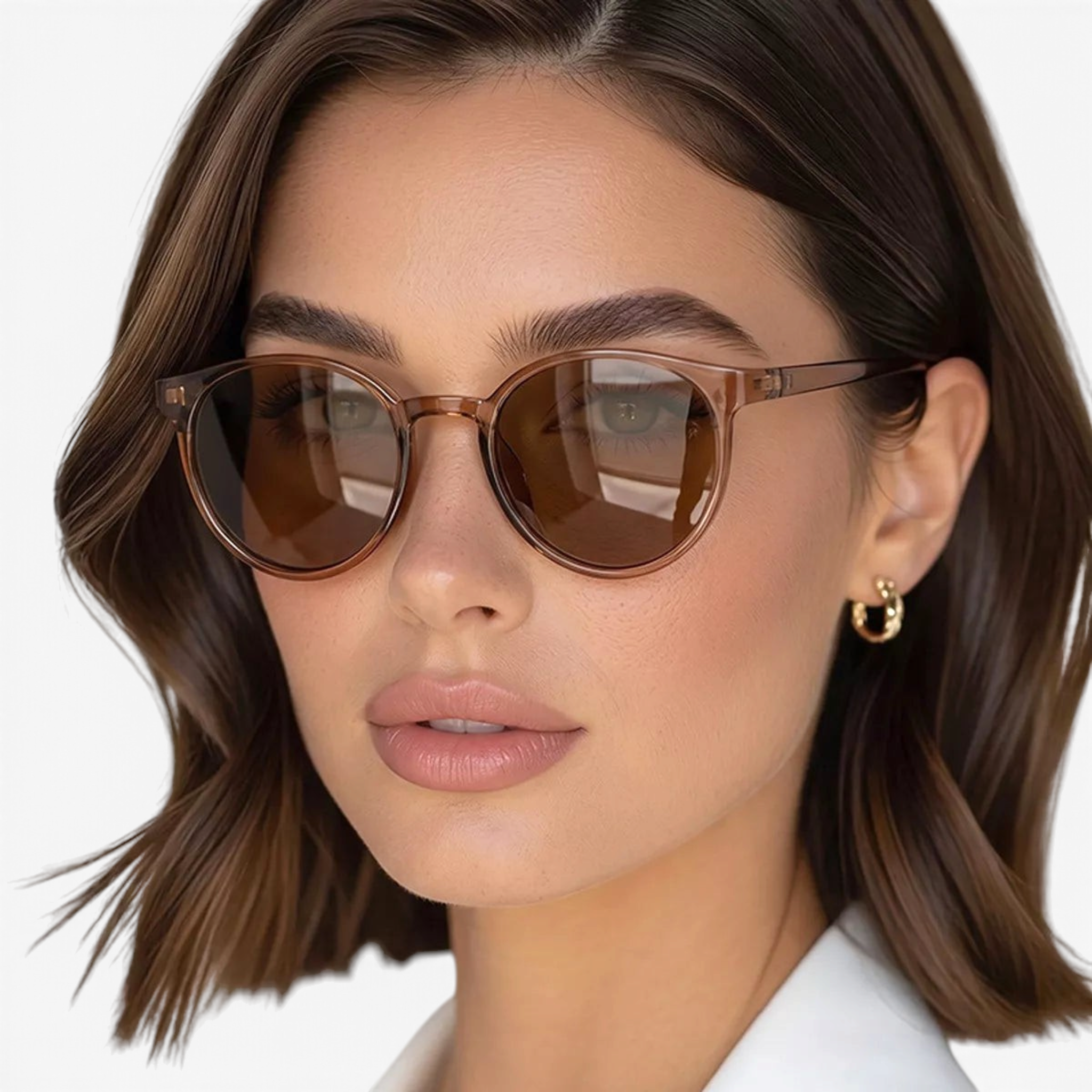 Beach Rose Co. round full-rim sunglasses with brown polycarbonate frames and UV400 lenses worn by a woman.