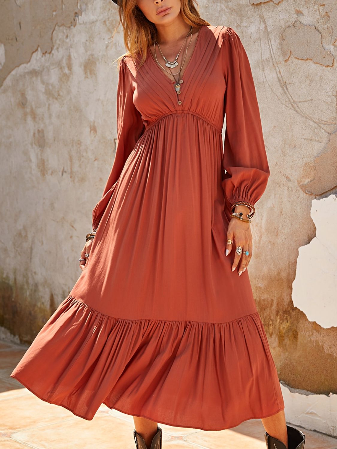 Beach Rose Co. - Ruched V - Neck Long Sleeve Midi Dress in Orange