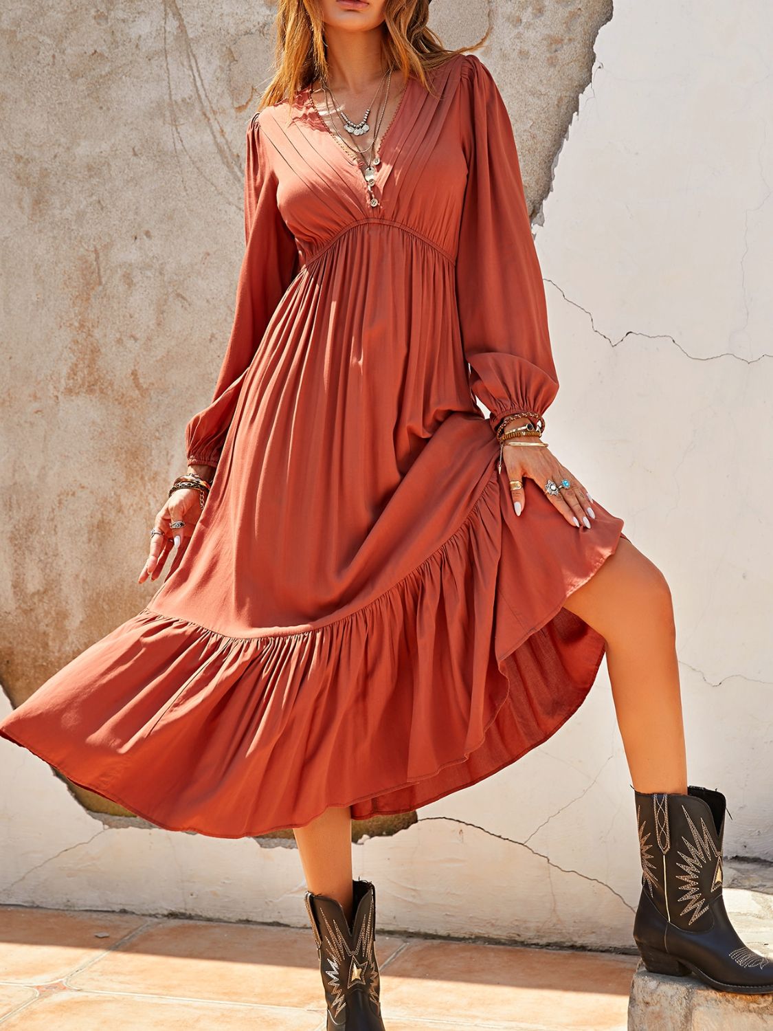 Beach Rose Co. - Ruched V - Neck Long Sleeve Midi Dress in Orange