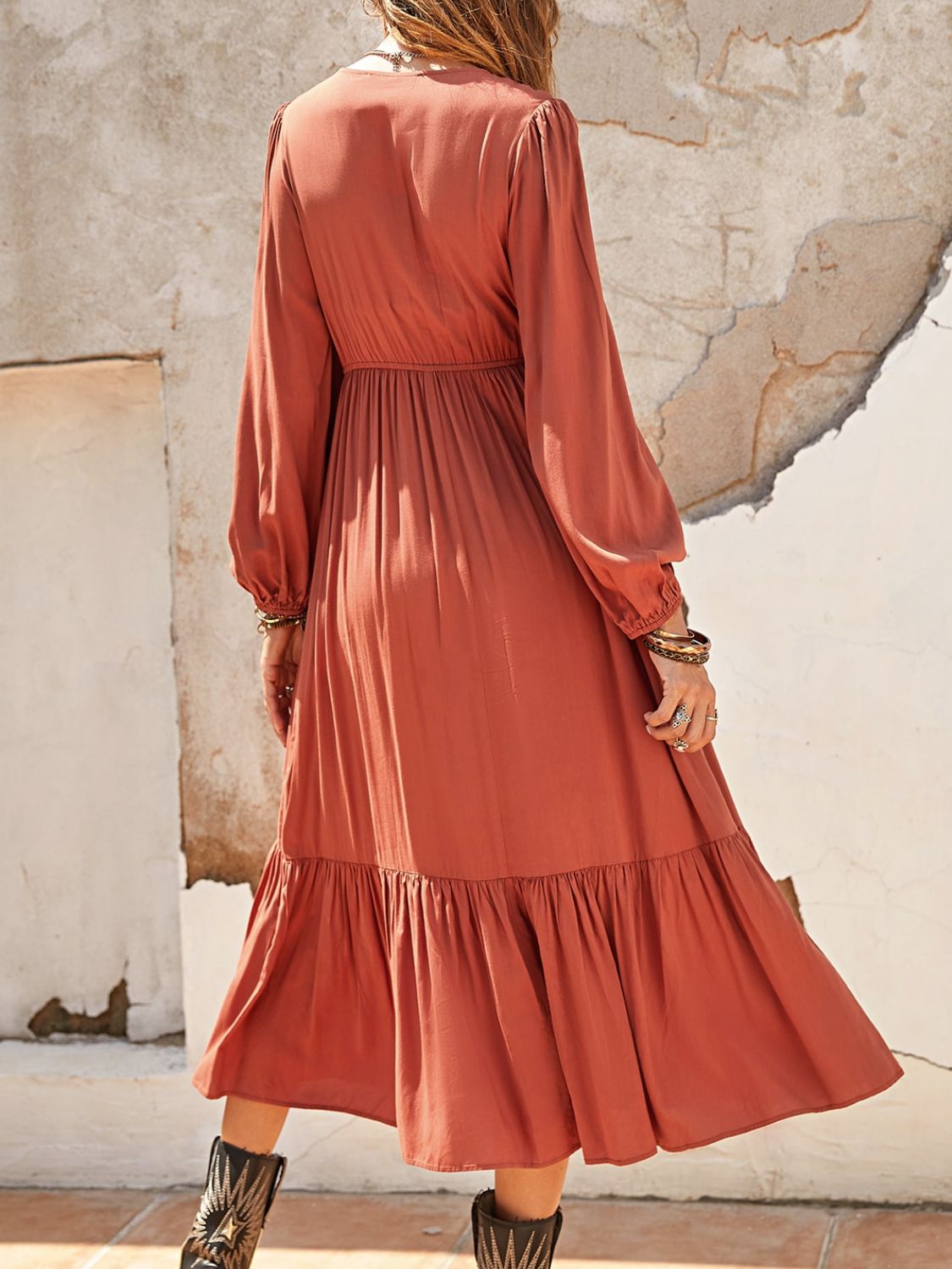 Beach Rose Co. - Ruched V - Neck Long Sleeve Midi Dress in Orange