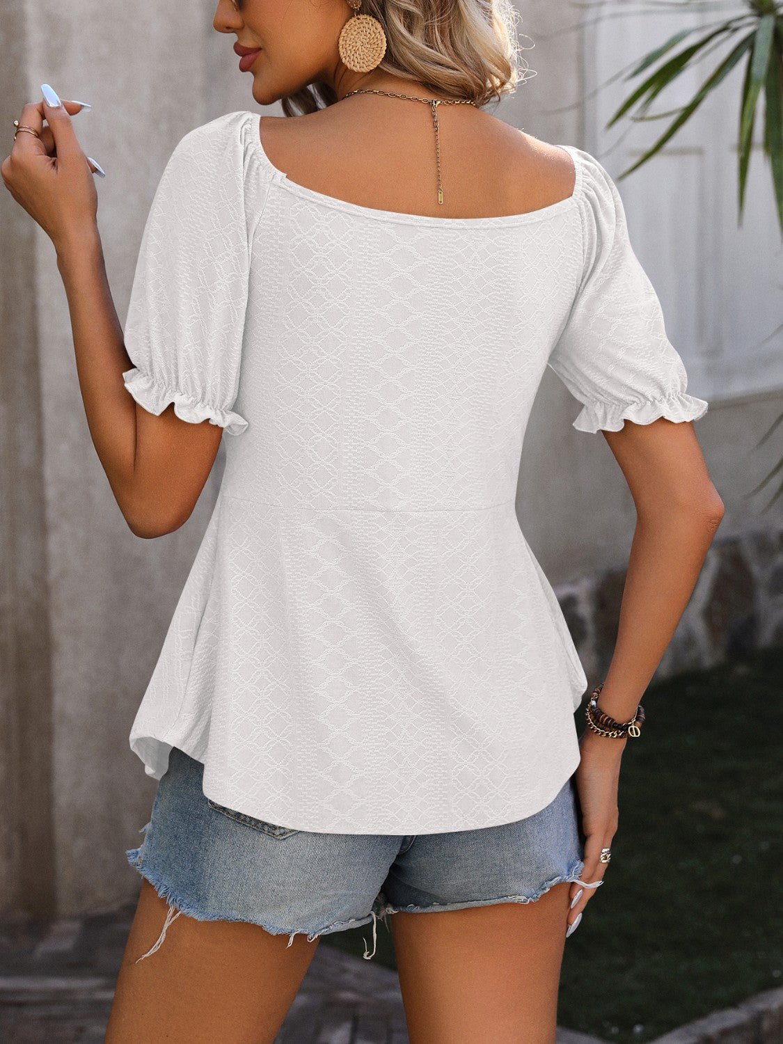 Beach Rose Co. - Ruched V - Neck Short Sleeve Babydoll Blouse