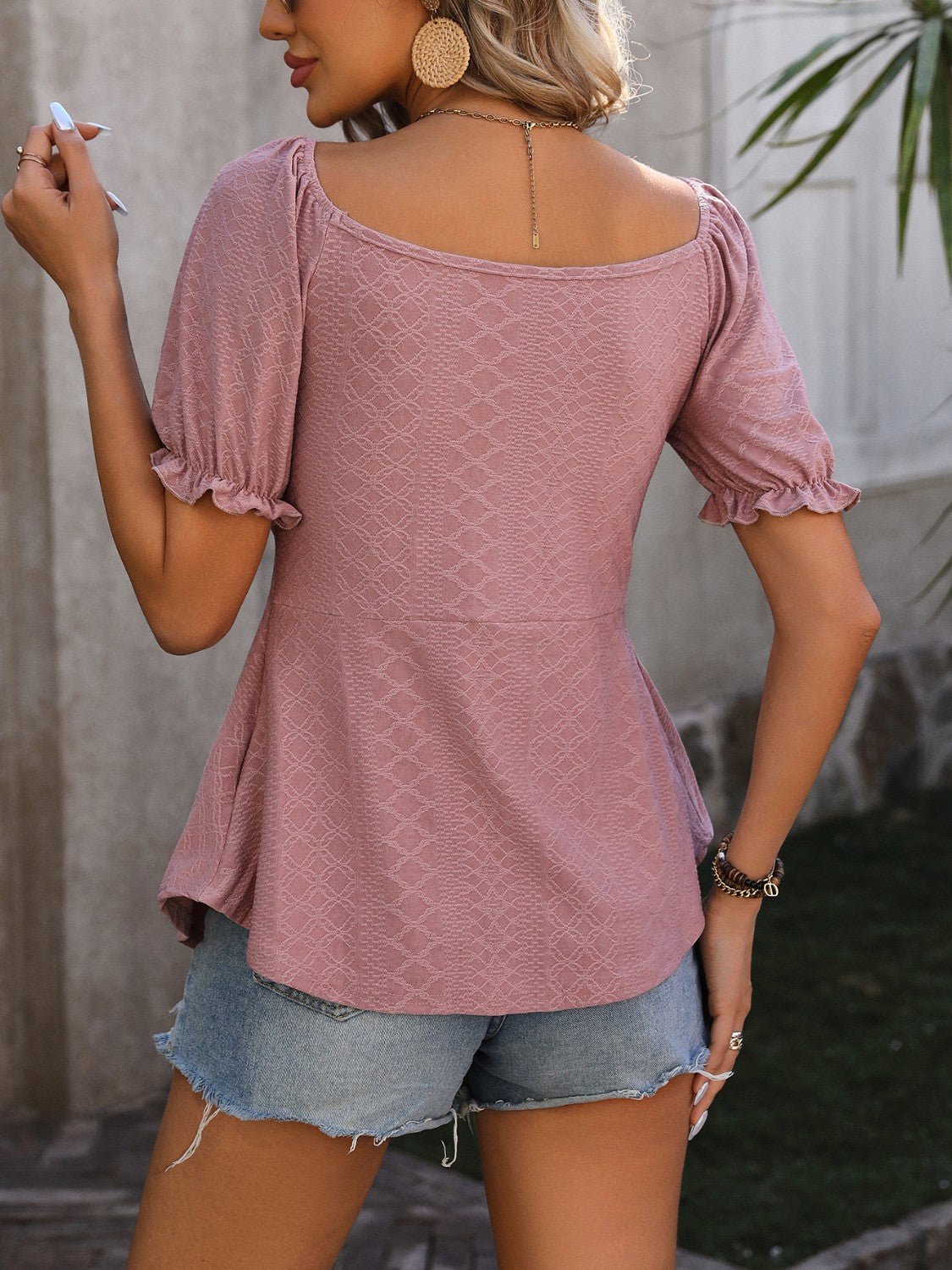 Beach Rose Co. - Ruched V - Neck Short Sleeve Babydoll Blouse