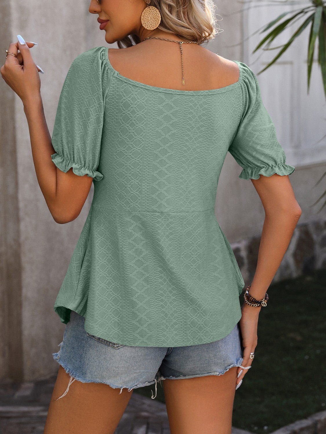 Beach Rose Co. - Ruched V - Neck Short Sleeve Babydoll Blouse