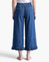 Beach Rose Co. blue denim cropped wide leg jeans featuring a gathered ruffle hem and elastic back waistband