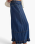 Beach Rose Co. dark wash denim wide leg cropped jeans featuring a gathered ruffle hem and elastic back waistband.