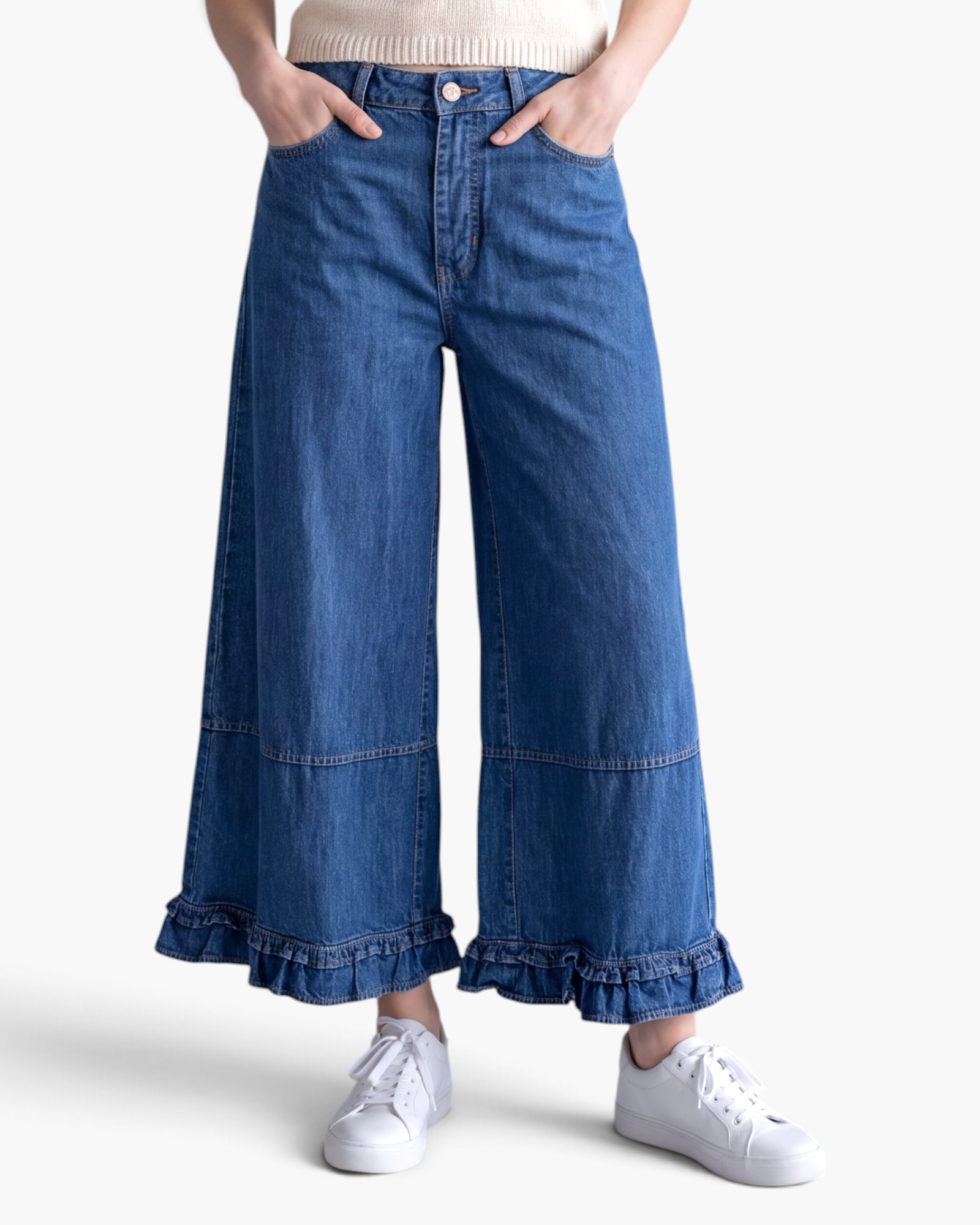 Beach Rose Co. blue denim wide leg cropped jeans featuring gathered ruffle hems and front pockets.