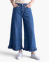 Beach Rose Co. blue denim wide leg cropped jeans featuring gathered ruffle hems and front pockets.