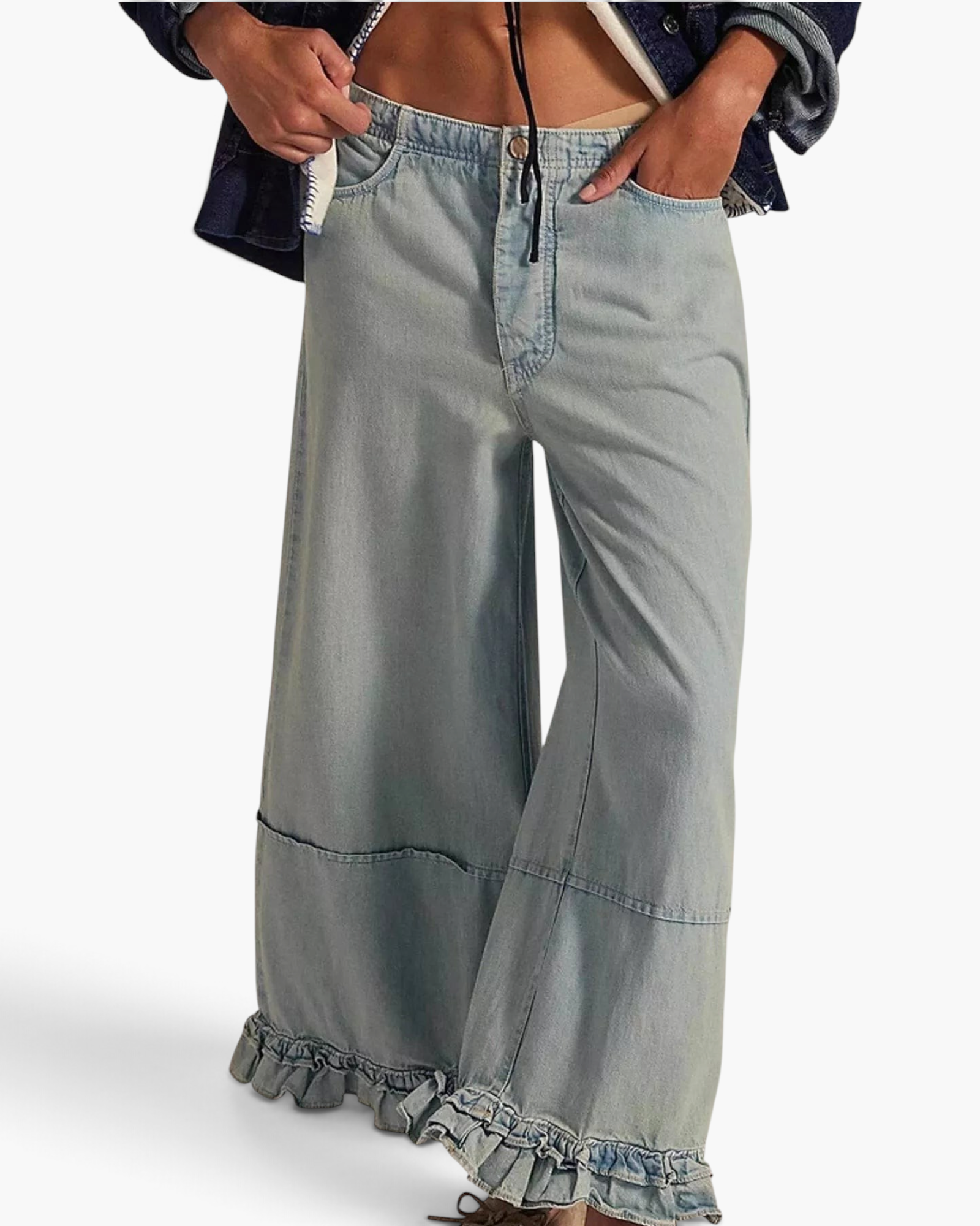 Beach Rose Co. light wash denim wide leg cropped jeans featuring gathered ruffle hems and elastic back waistband.