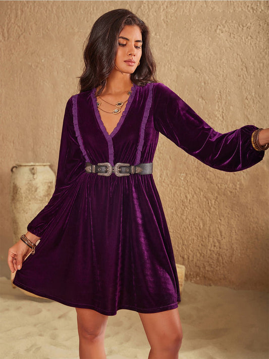 Beach Rose Co. - Ruffle Trim Long Sleeve Velvet Mini Dress in Plum