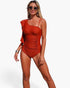Beach Rose Co. rust orange one-piece swimsuit with an asymmetrical ruffle shoulder and flattering ruched side detail.