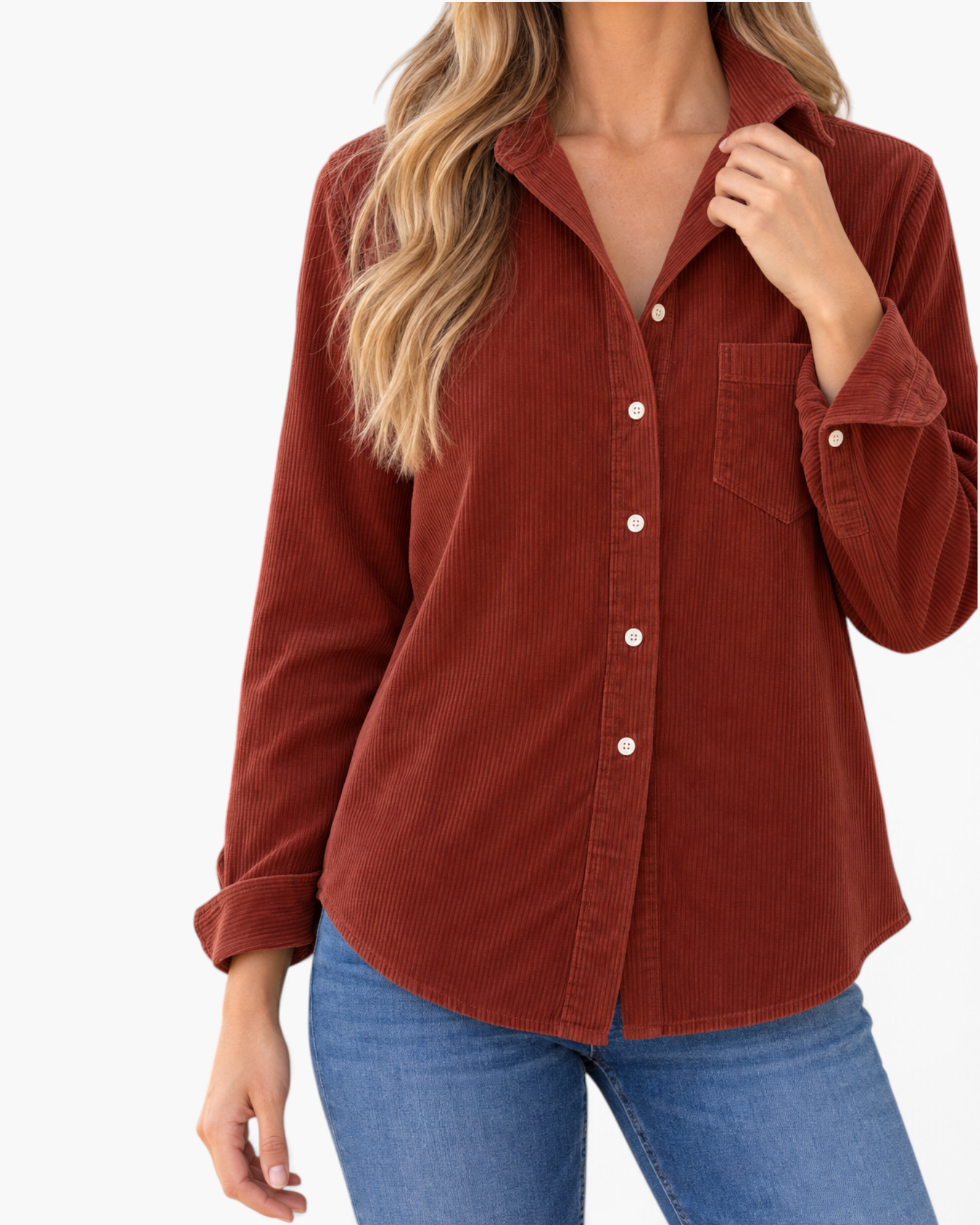 Beach Rose Co. rust corduroy button-front shirt with a chest pocket and long sleeves on a model