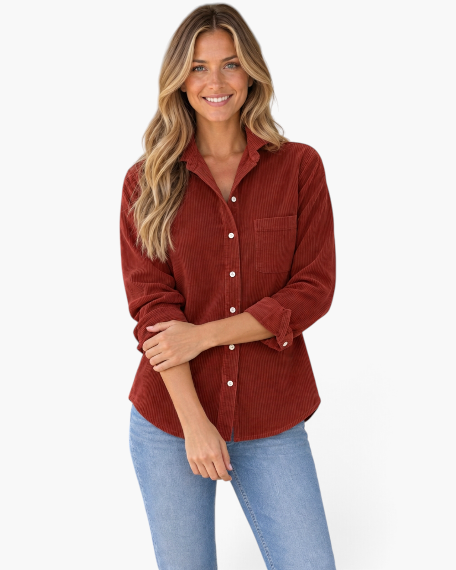 Beach Rose Co. rust corduroy button-front shirt with chest pocket worn by a smiling woman with long blonde hair.