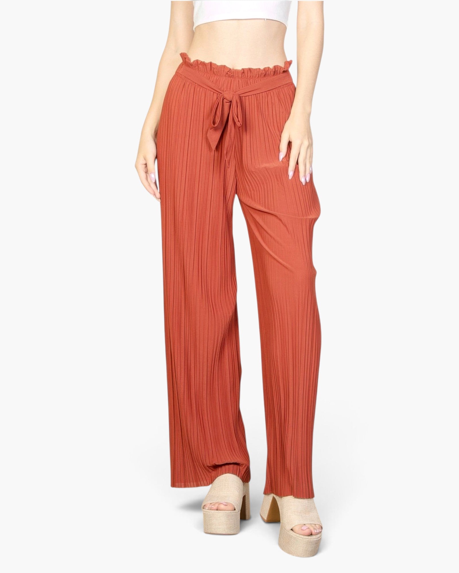 Beach Rose Co. rust pleated stretch crepe wide leg pants with a tie front waist and high-waisted pull-on design.