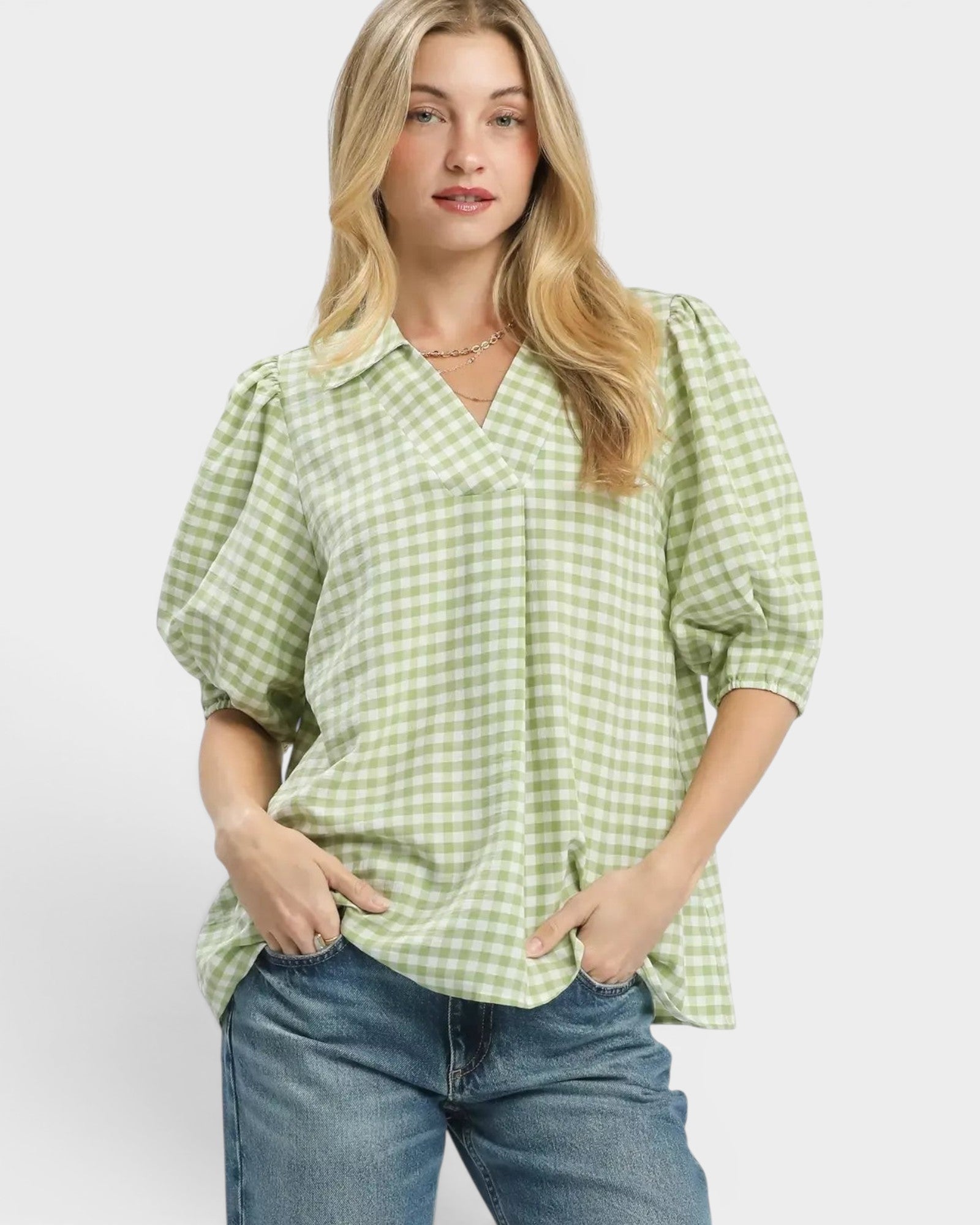 Beach Rose Co. sage green and white gingham puff sleeve collared blouse with split V-neck and elastic cuffs.
