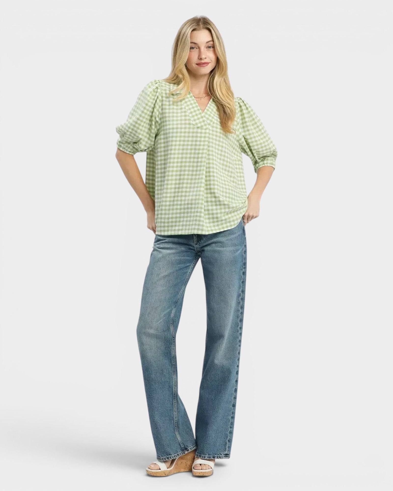 Beach Rose Co. sage green gingham puff sleeve collared blouse with split V-neck and elastic cuffs.
