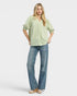 Beach Rose Co. sage green gingham puff sleeve collared blouse with split V-neck and elastic cuffs.