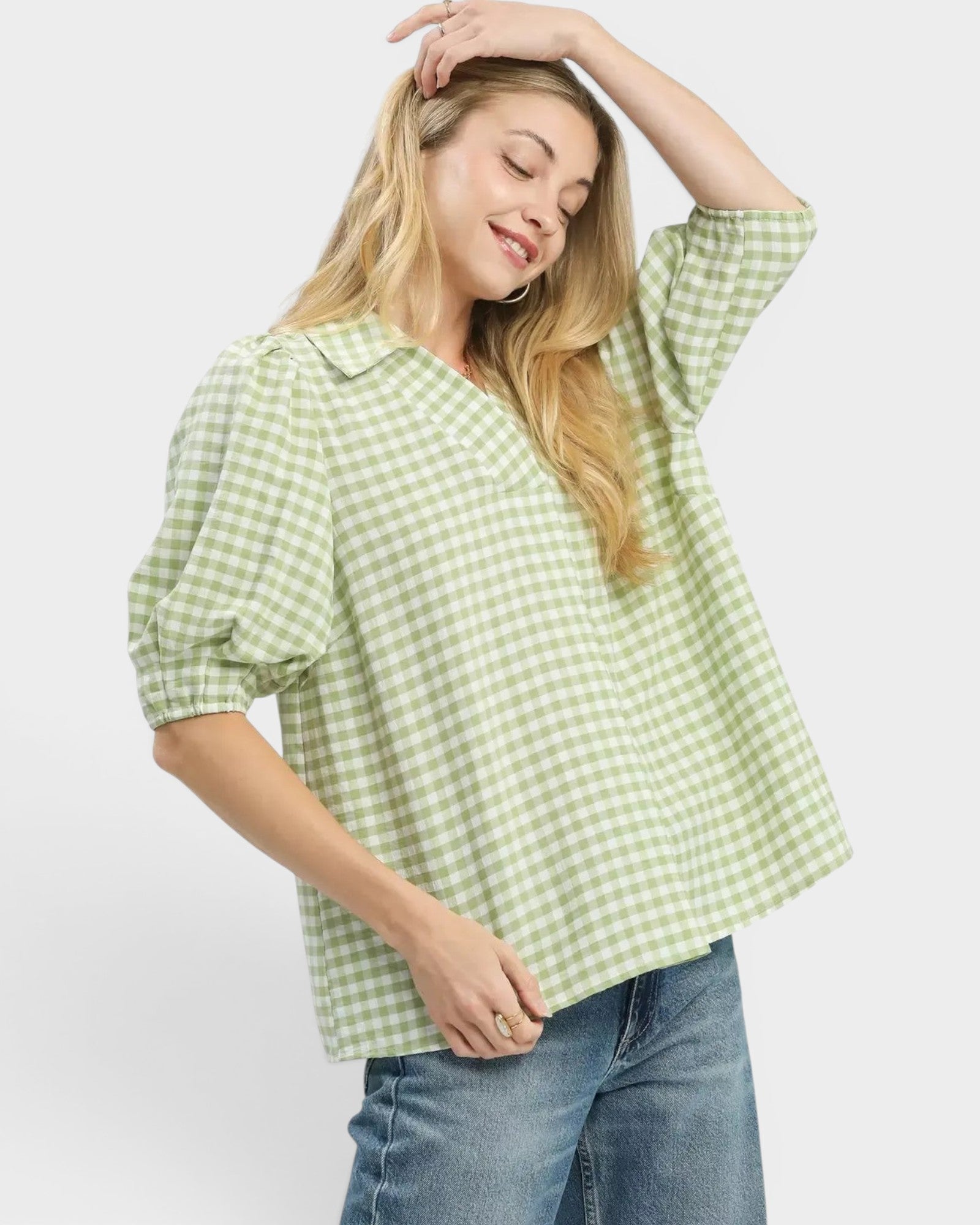 Beach Rose Co. sage green and white gingham puff sleeve collared blouse with split V-neck and elastic cuffs.