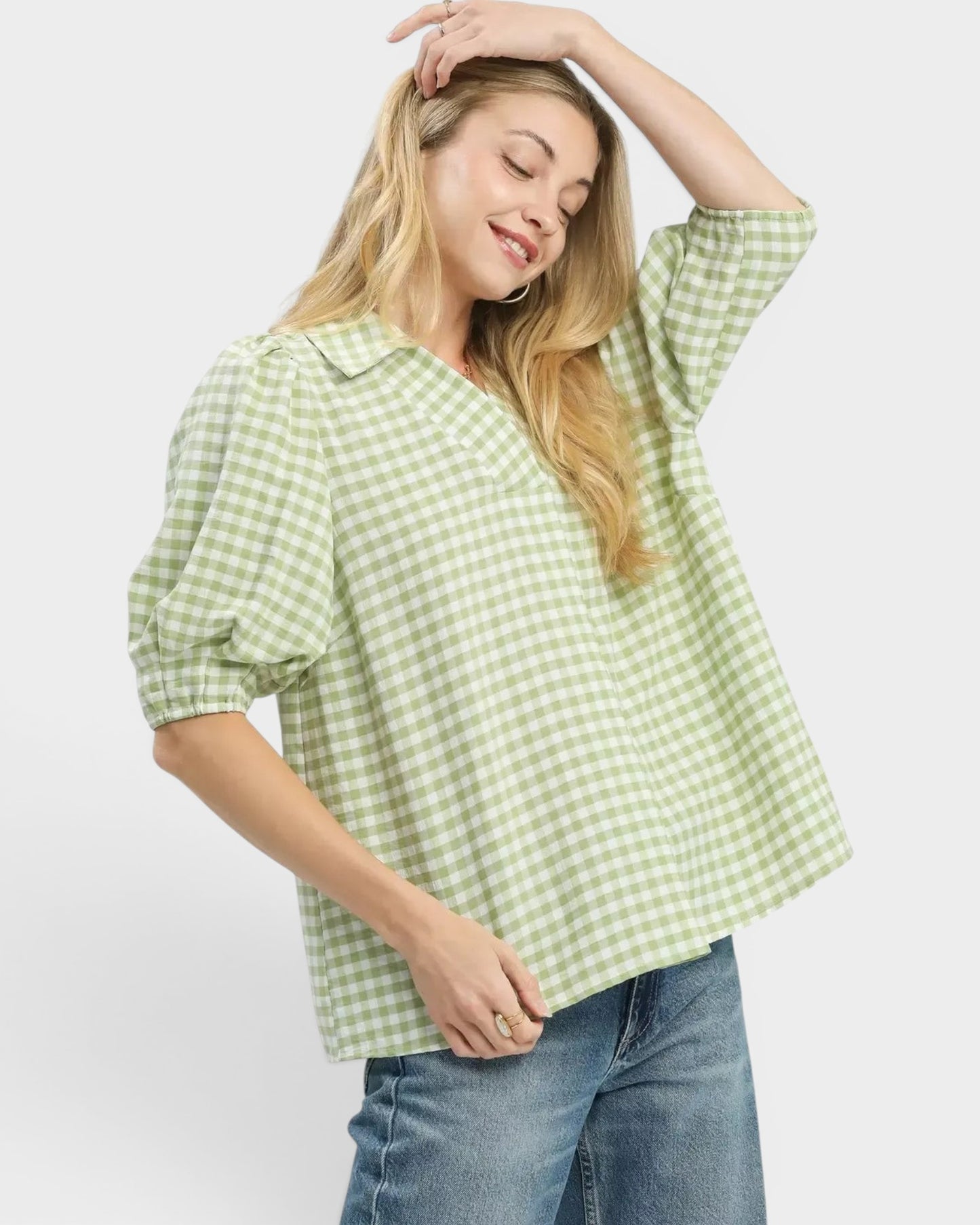 Beach Rose Co. sage green and white gingham puff sleeve collared blouse with split V-neck and elastic cuffs.