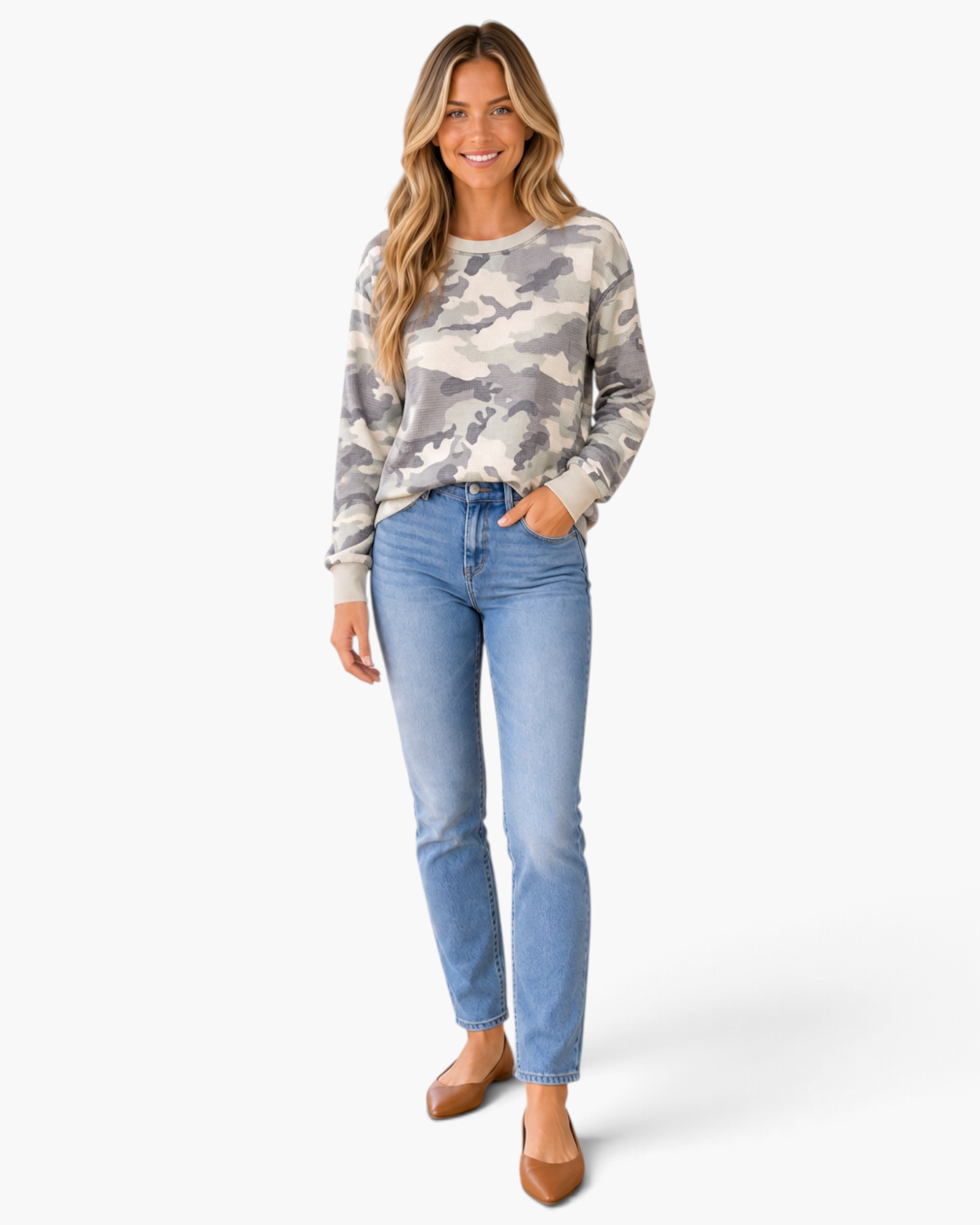 Beach Rose Co. sage and gray camo waffle knit long sleeve top with crew neck worn by a smiling model with blue jeans