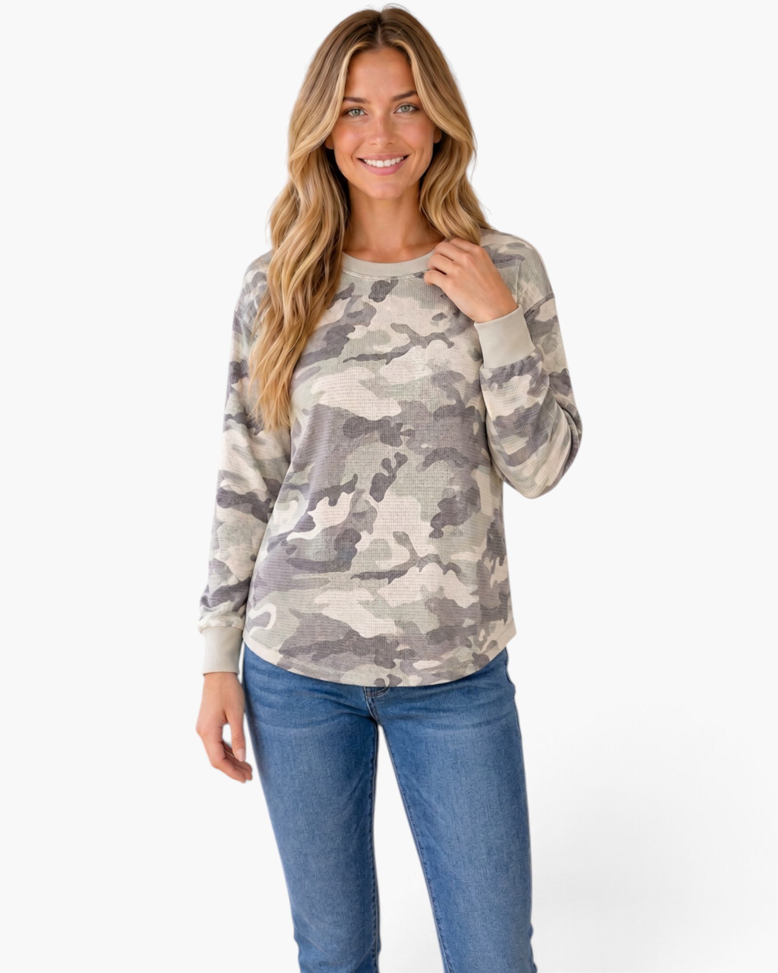 Beach Rose Co. sage and gray camo waffle knit long sleeve top with a crew neck and relaxed fit on a smiling model.