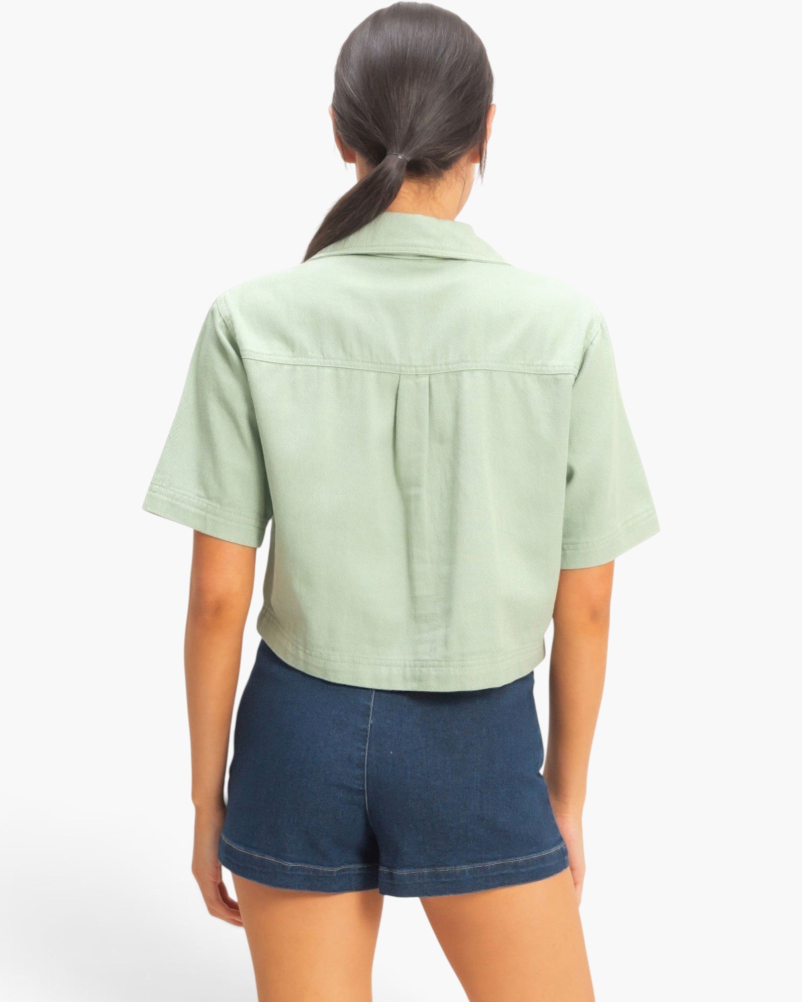 Beach Rose Co. sage green cotton collared cropped top with short sleeves, back view on a model