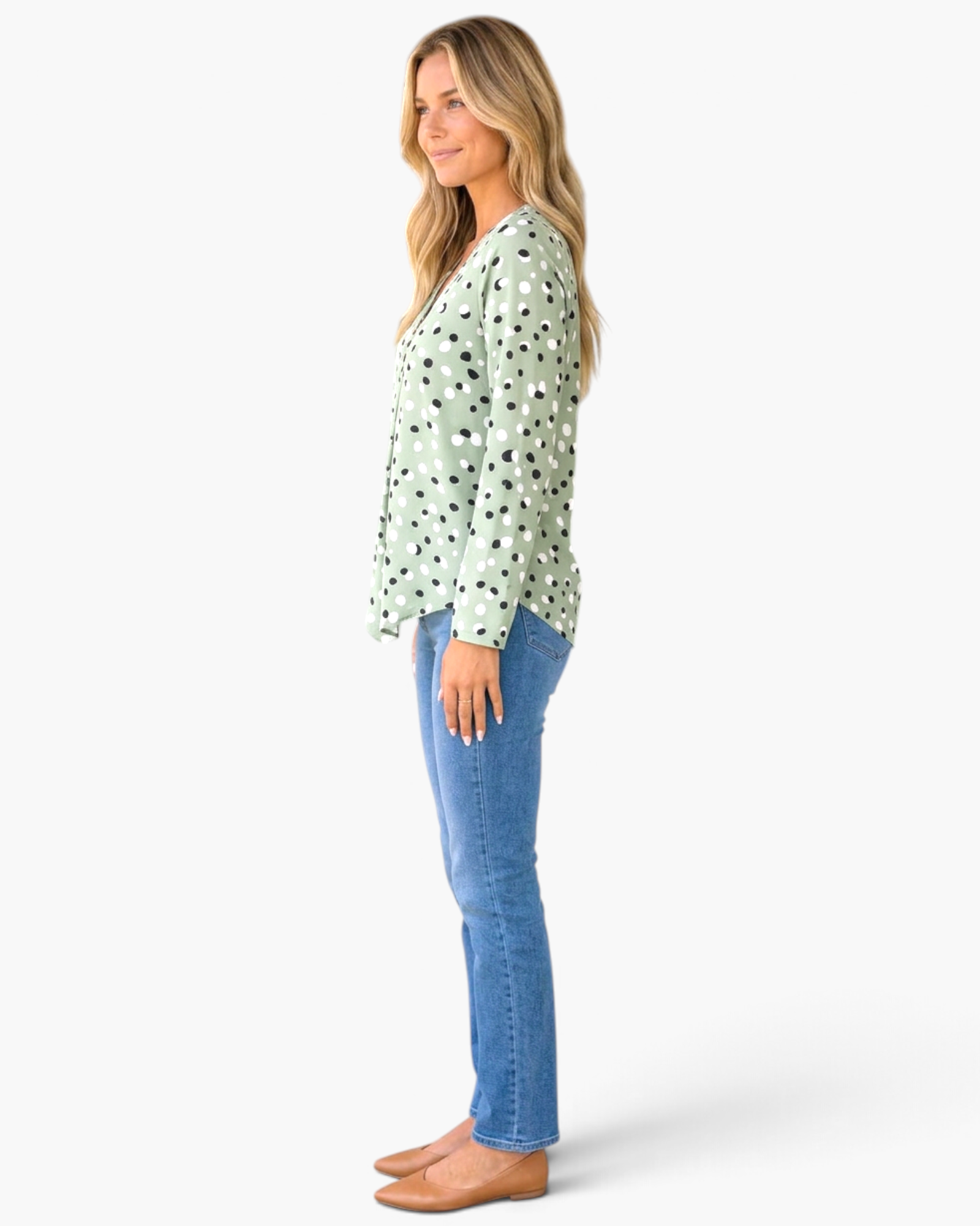 Beach Rose Co. sage green V-neck blouse with black and white polka dots, long sleeves, and a relaxed fit.