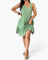 Beach Rose Co. plus size sage green textured dress with an irregular collar and ruffled hem on a model