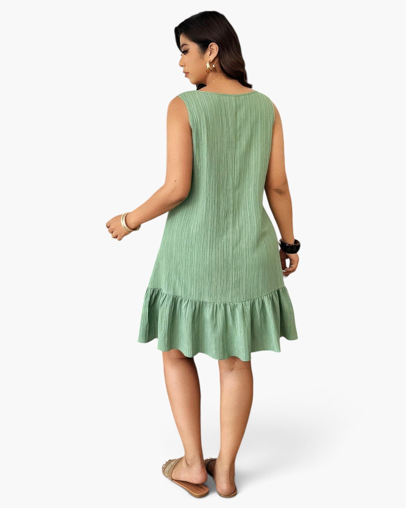 Beach Rose Co. plus size sage green textured sleeveless dress with a ruffled hem, viewed from the back.