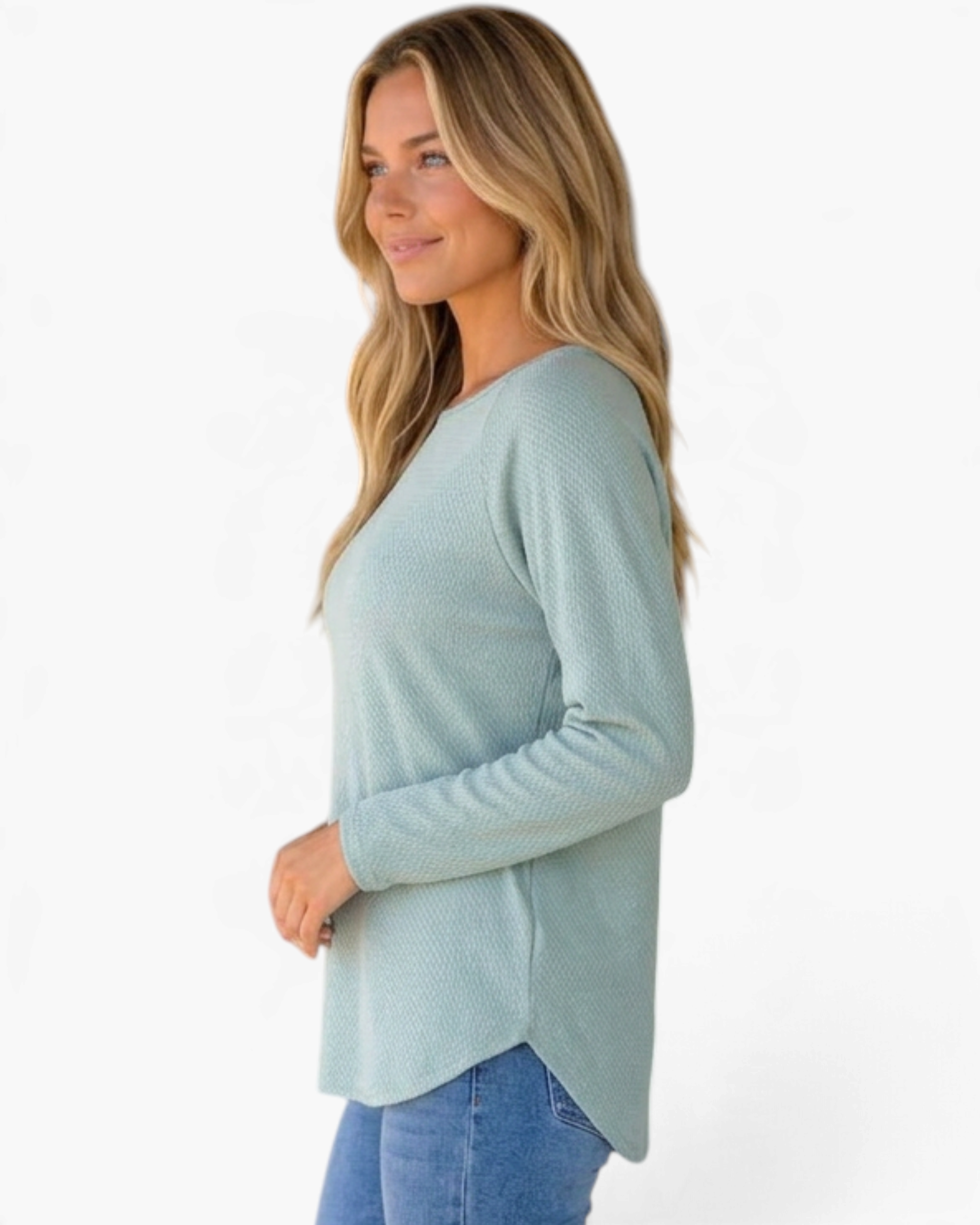 Beach Rose Co. sage green textured long sleeve raglan top with a rounded hem worn by a blonde model