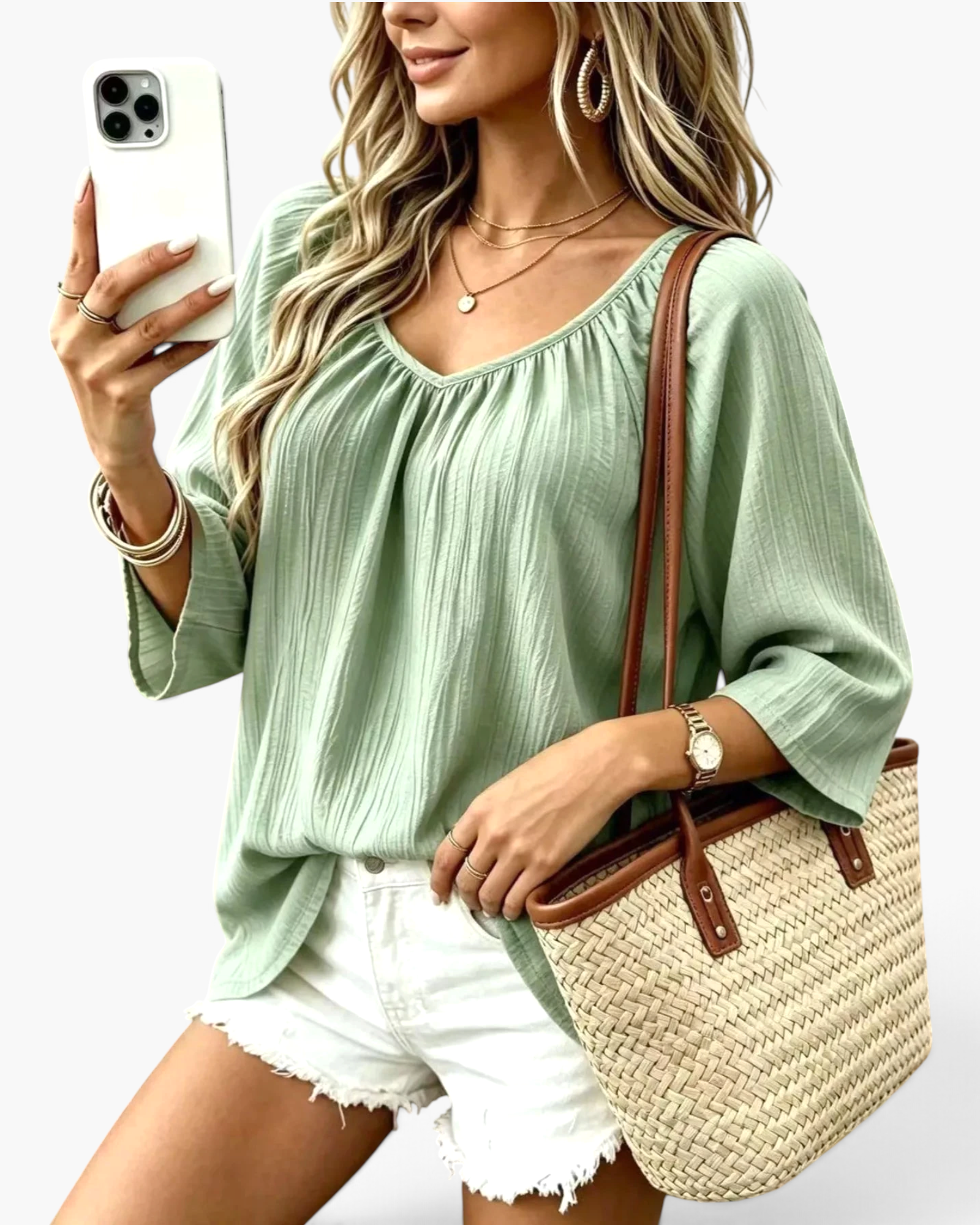 Beach Rose Co. sage green textured V-neck blouse with loose three-quarter sleeves and a relaxed fit.