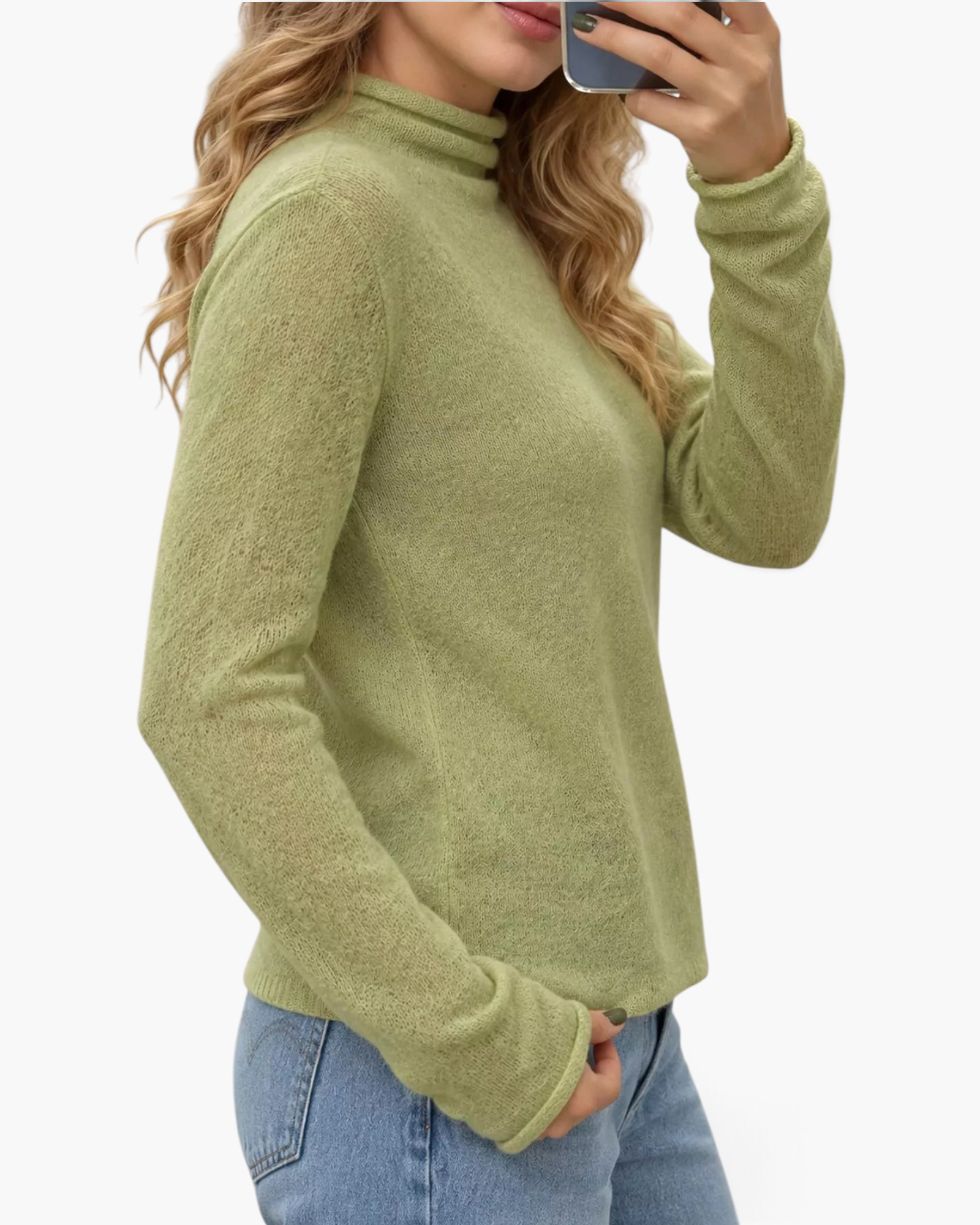 Beach Rose Co. sage green fine knit long sleeve turtleneck sweater with ribbed cuffs on a model