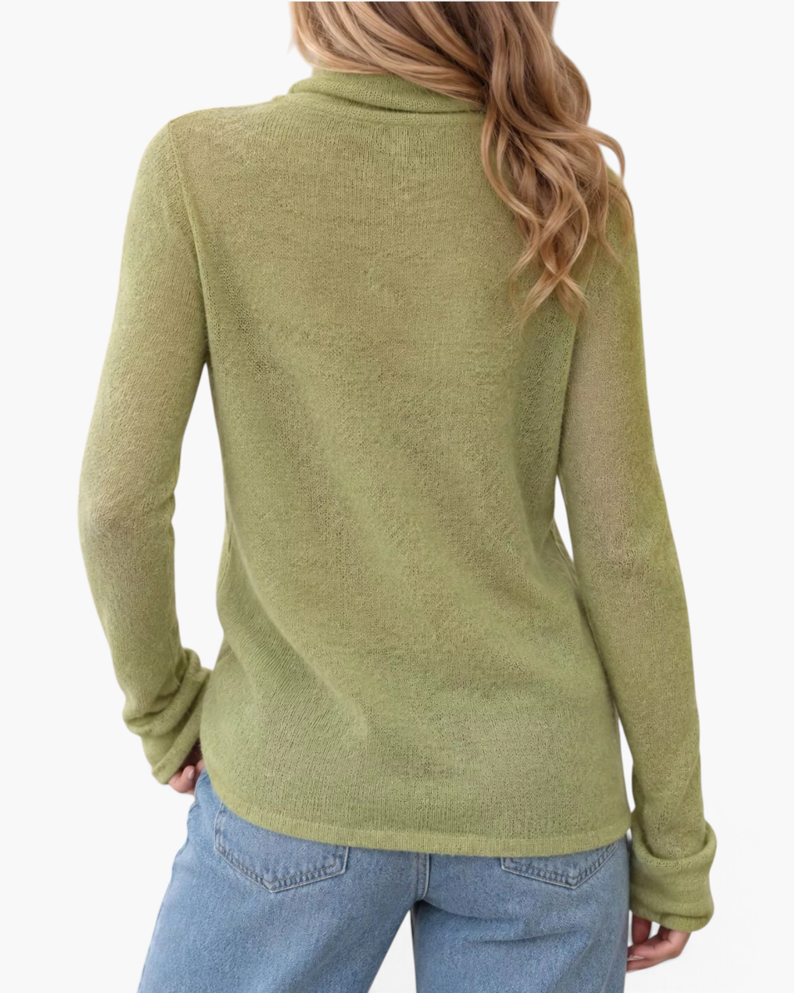 Beach Rose Co. sage green fine knit long sleeve turtleneck sweater worn by a woman with blonde hair, back view.