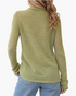 Beach Rose Co. sage green fine knit long sleeve turtleneck sweater worn by a woman with blonde hair, back view.