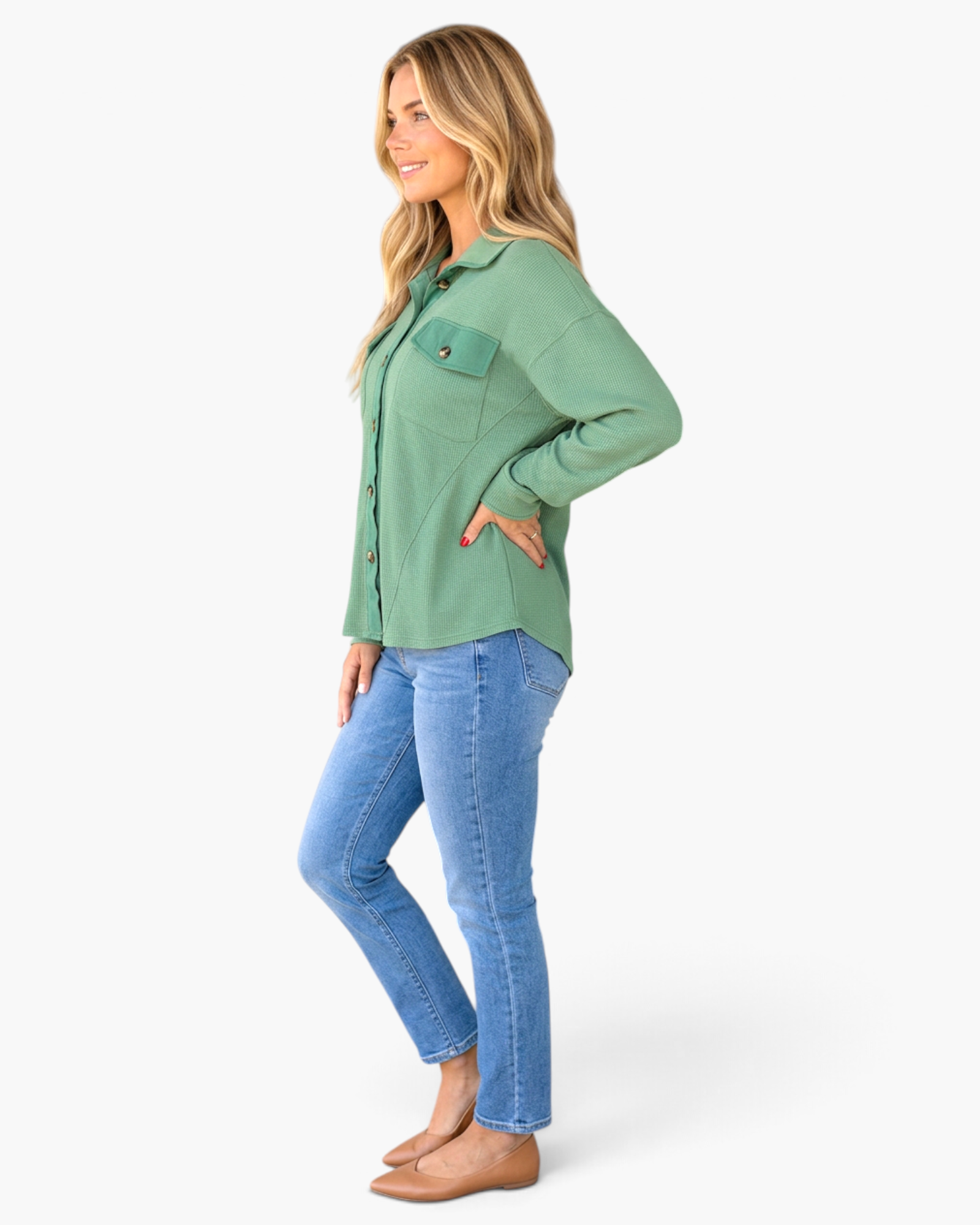 Beach Rose Co. sage green waffle knit button-front shirt with chest pockets worn by a woman with blue jeans