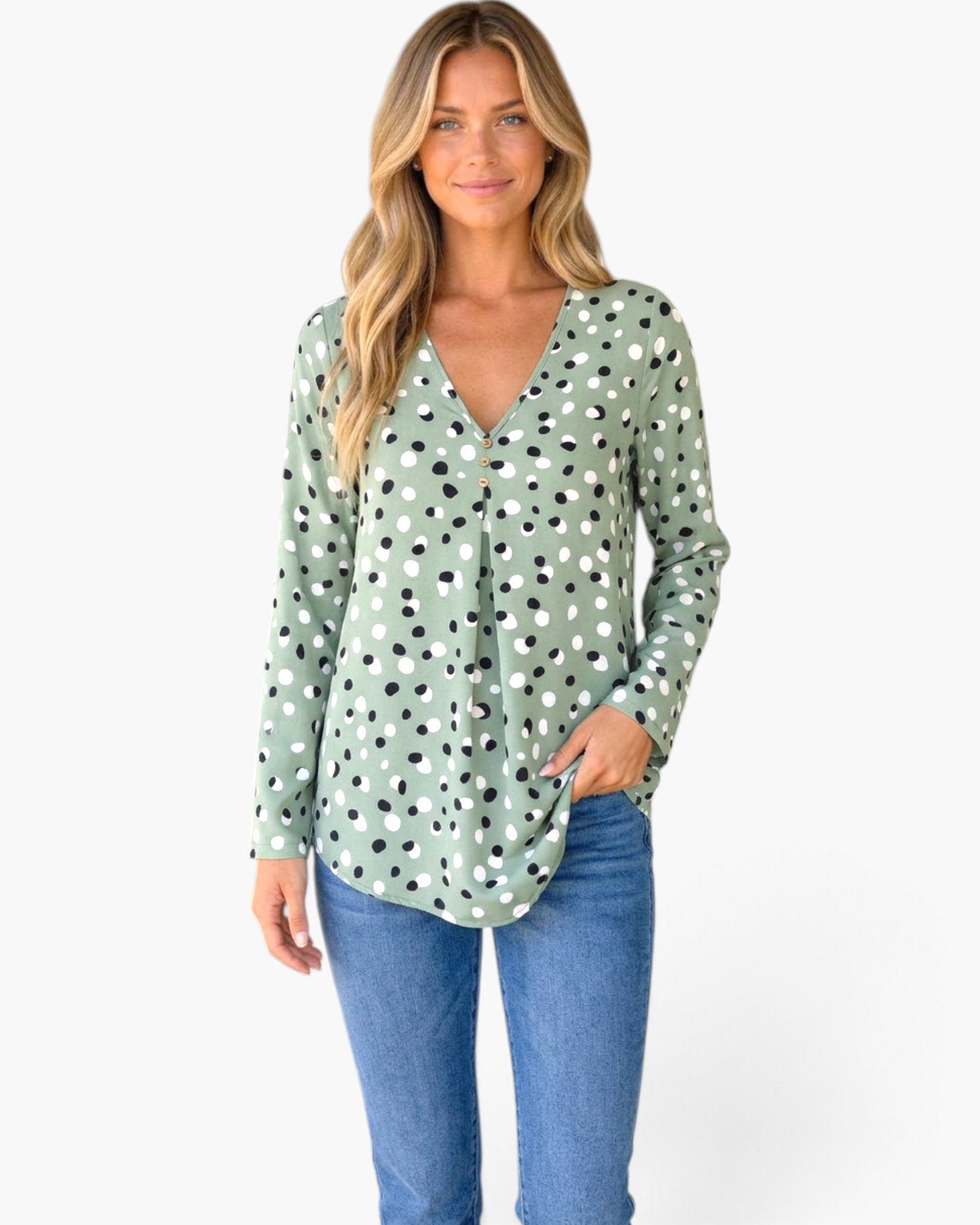 Beach Rose Co. sage green V-neck blouse with black and white polka dots, long sleeves, and three-button front detail.