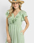 Beach Rose Co. sage green textured midi dress with ruffled V-neck, flutter sleeves, empire waist, and pockets.